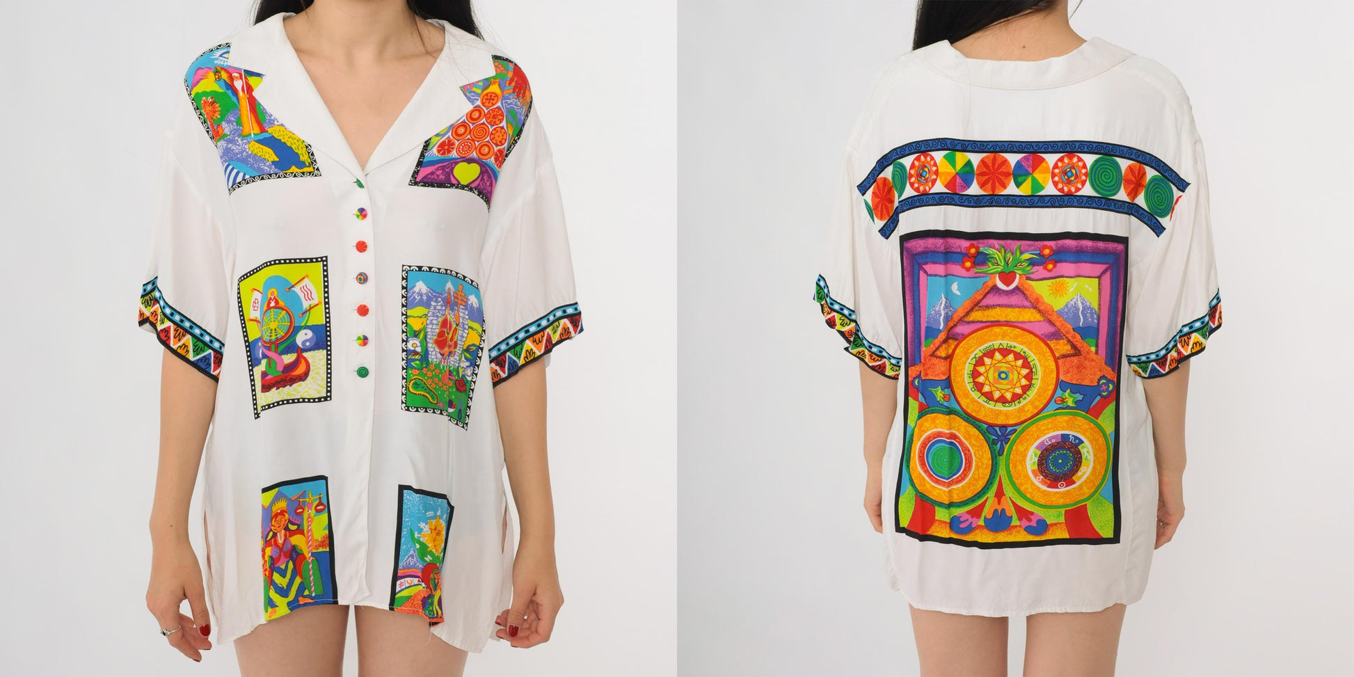 80s Platinum by Dorothy Schoelen Psychedelic Mandala Button Up Shirt White Large