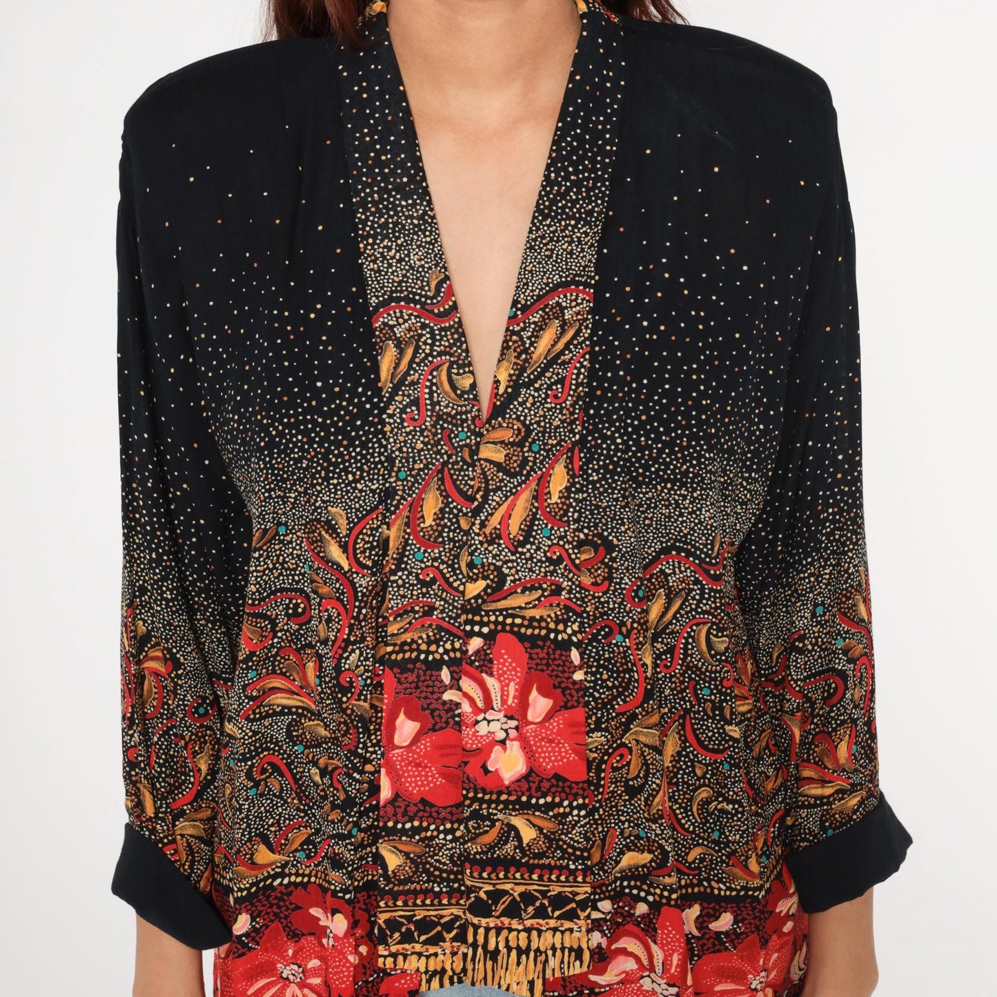 90s Paisley Kimono Cardigan Black Red Gold Floral Open Front Medium M