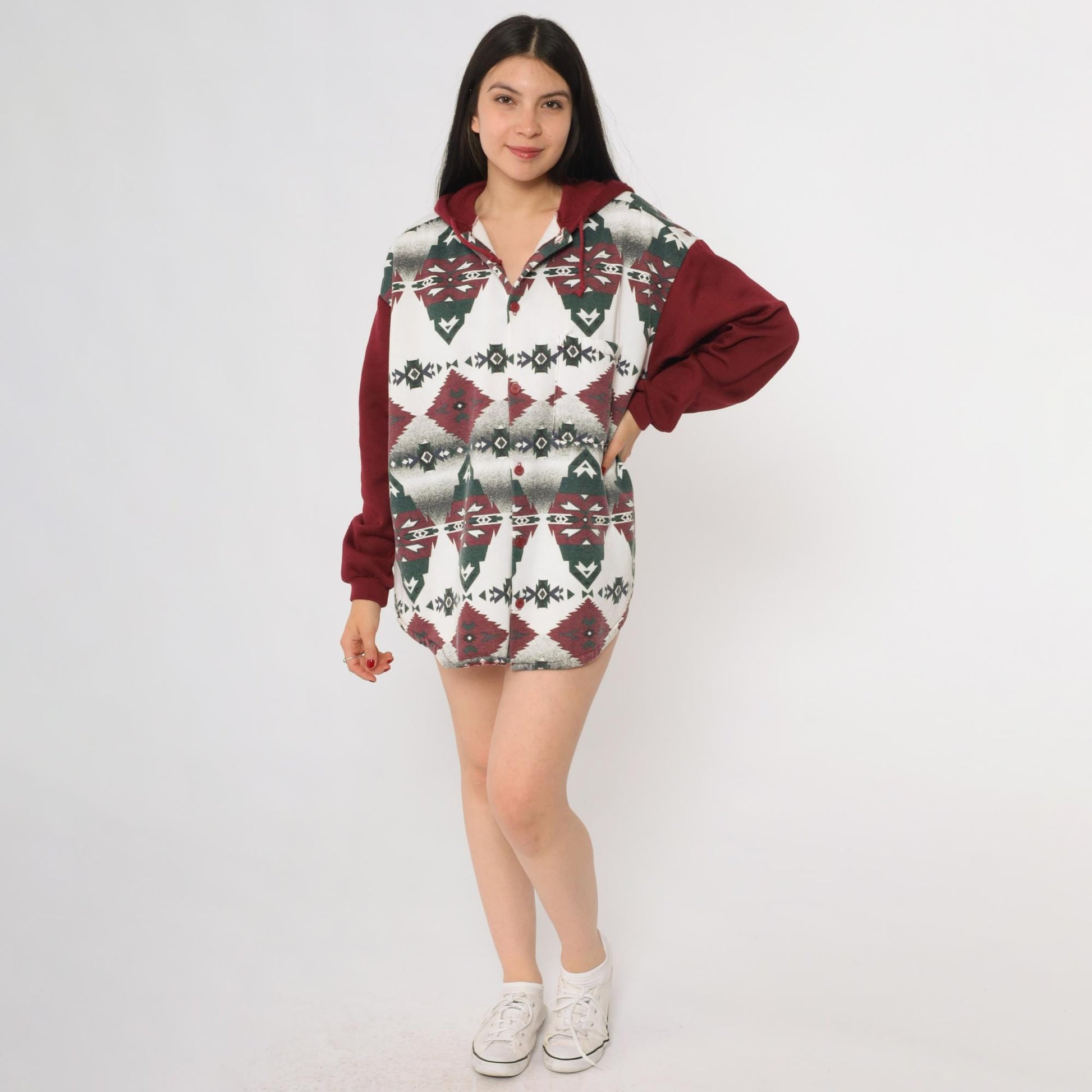 90s Mo Mart Tribal Geometric Burgundy Hoodie Sweatshirt Medium M