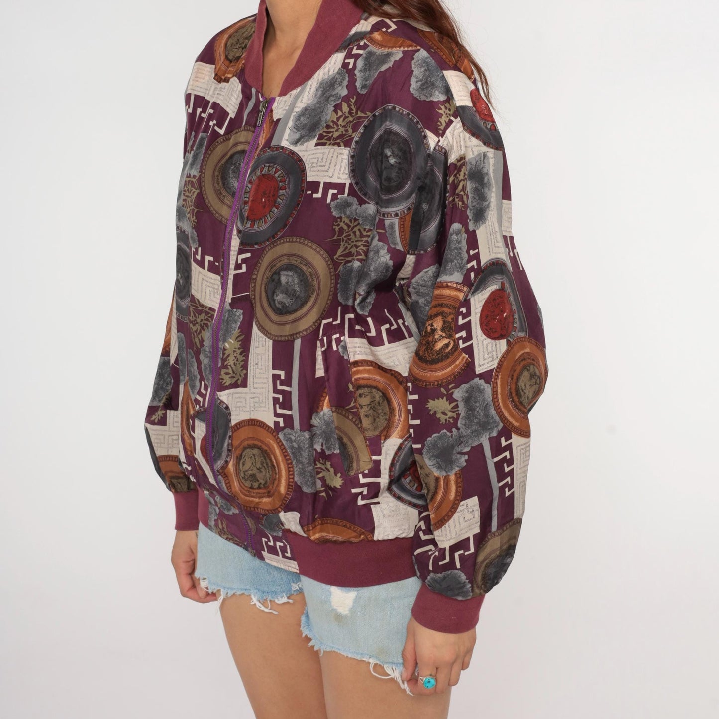90s Cocoon Silk Windbreaker Jacket Abstract Geometric Print Burgundy Small S