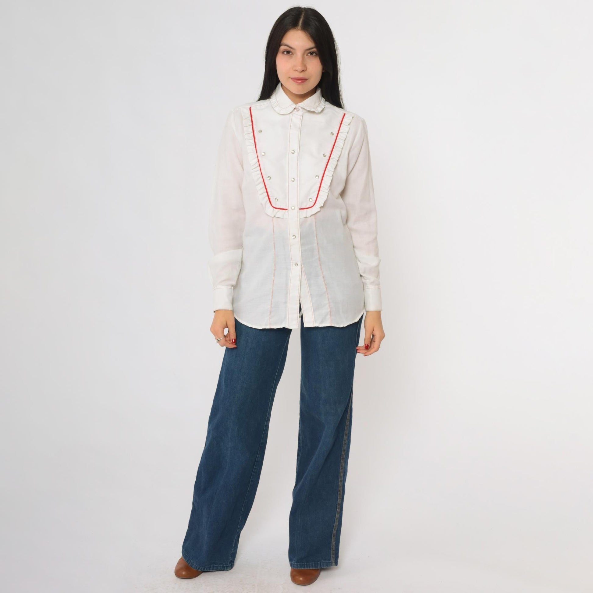 80s Rockmount Ranch Wear Western Bib Shirt White Red Piping Pearl Snap Medium