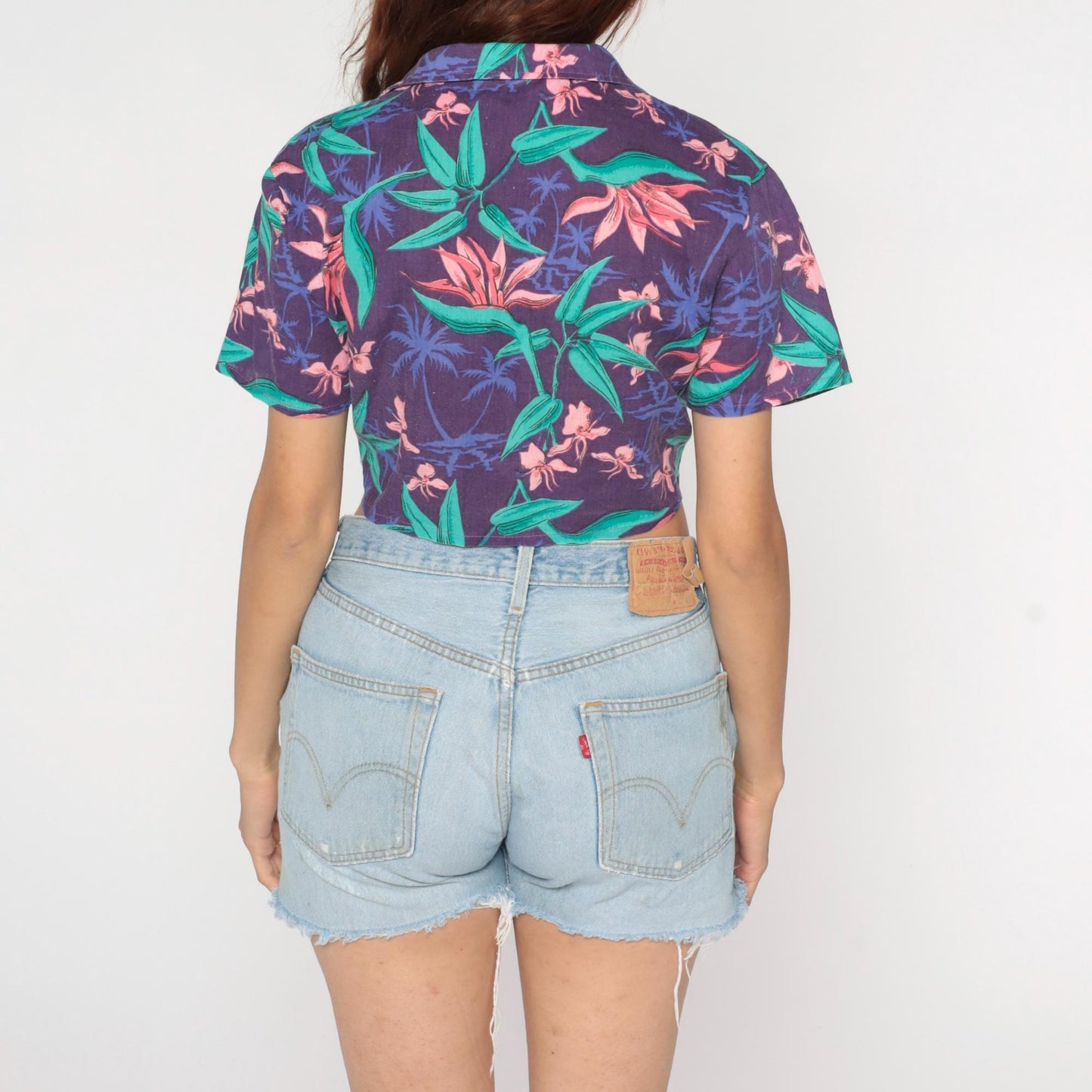 90s Tropical Floral Crop Top Hawaiian Print Tie Front Purple Small