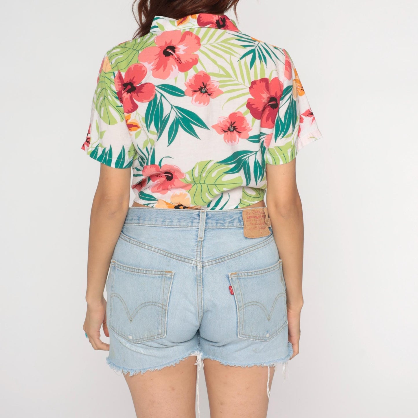 Y2K Tropical Hibiscus Crop Top Button Up Floral Shirt Pink Coral Medium