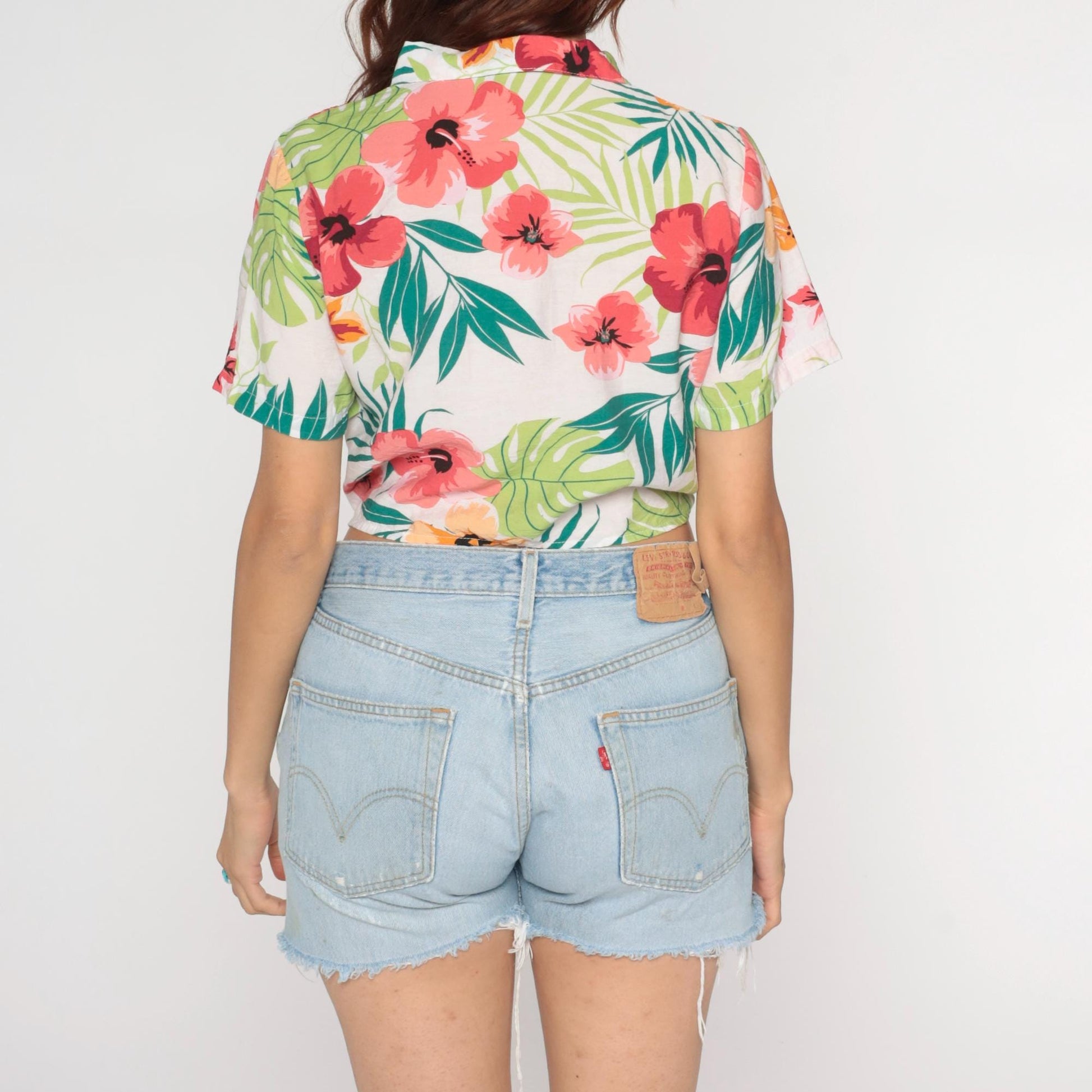 Y2K Tropical Hibiscus Crop Top Button Up Floral Shirt Pink Coral Medium