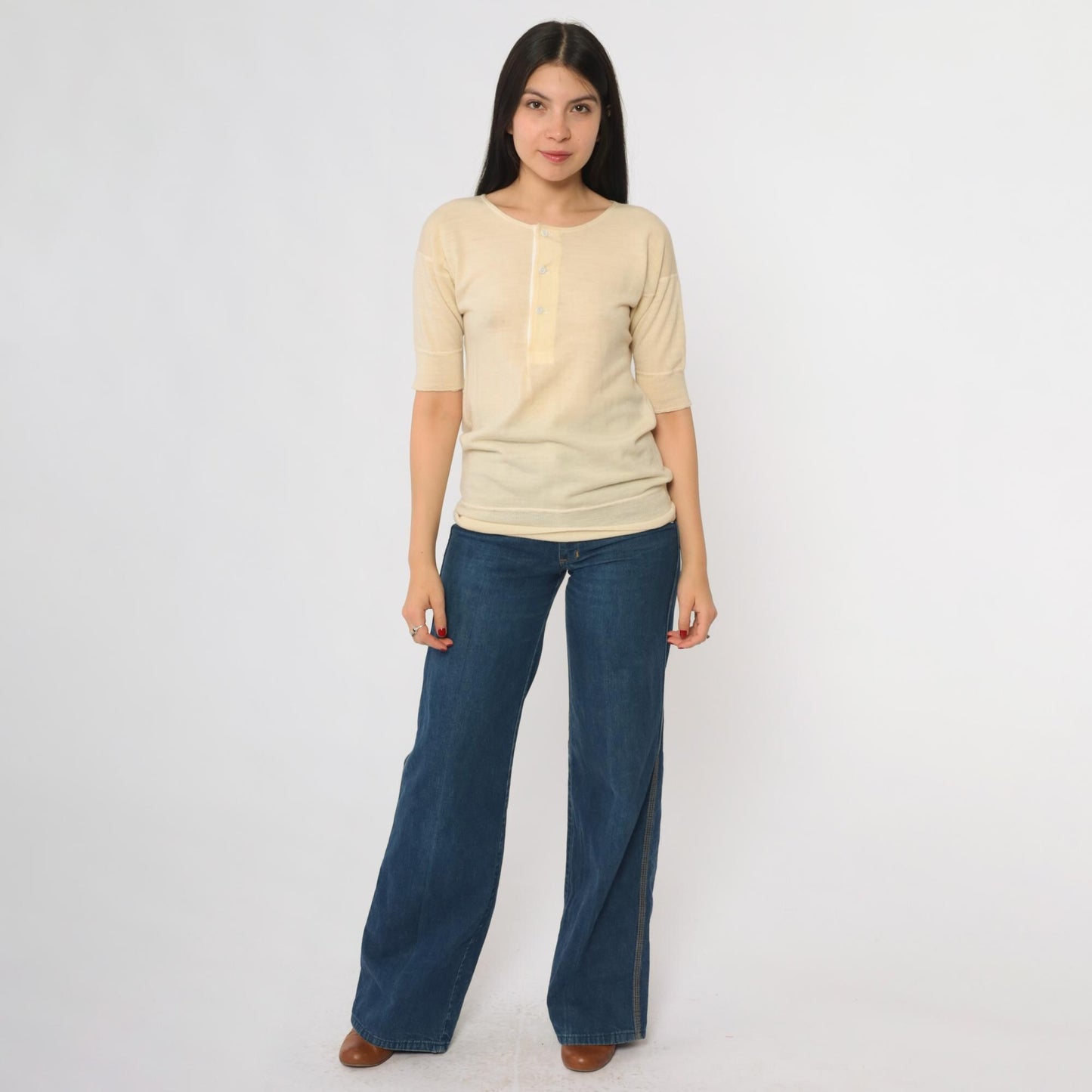 1940s Shepherd Cream Wool Cardigan Three Quarter Sleeve Button Front Small
