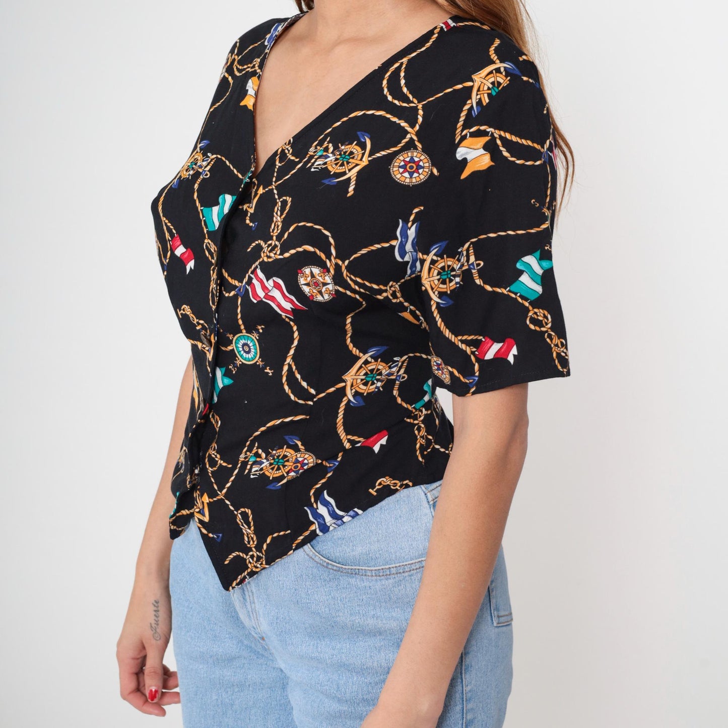 90s Kathie Lee Nautical Print Blouse Black Button-Front Short Sleeve Medium