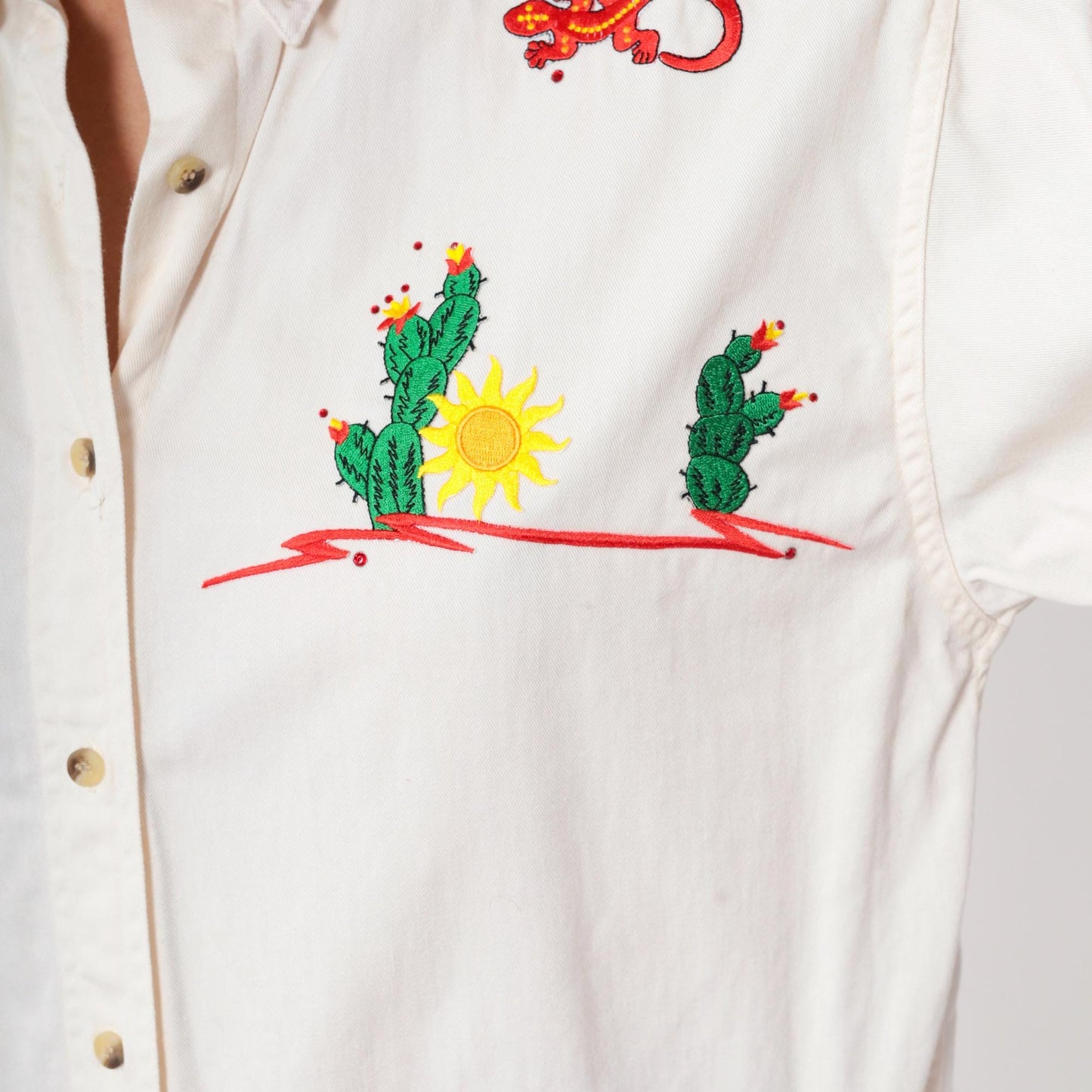 90s Pro Elite Cactus Gecko Embroidered Western Shirt White Cotton Large L