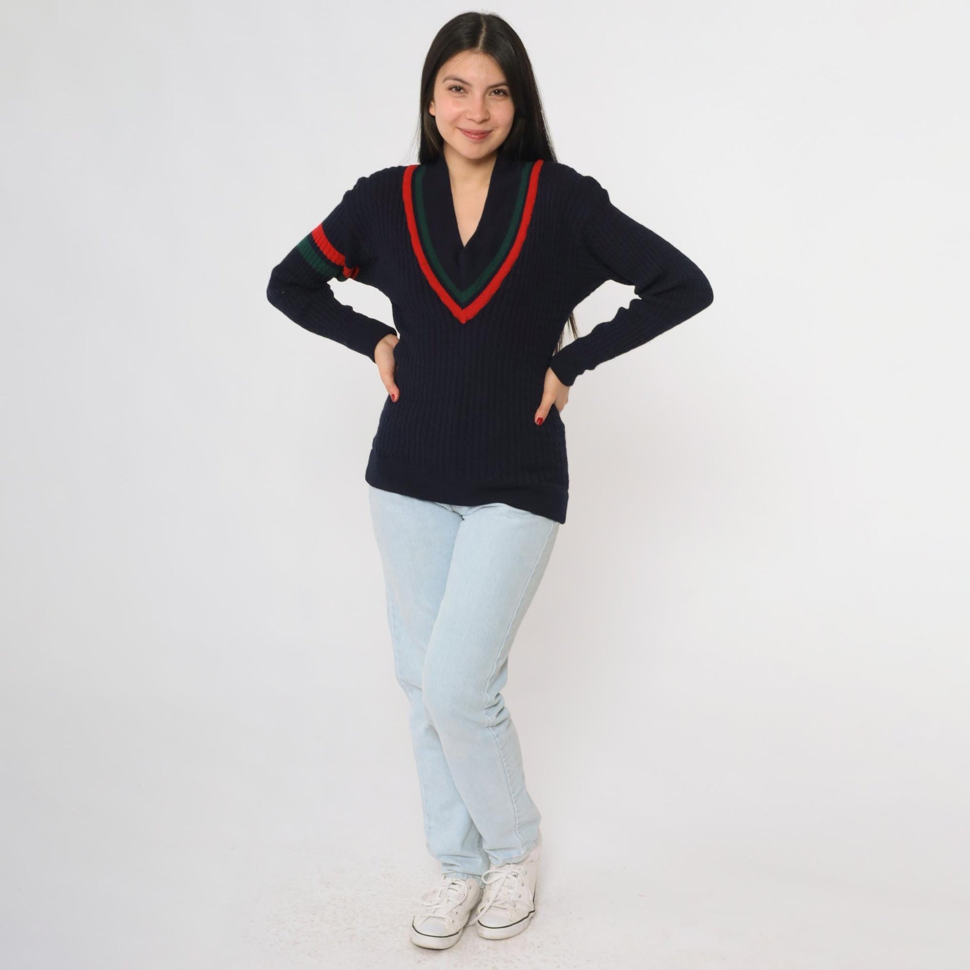 80s Abercrombie & Fitch Cricket Sweater Navy Wool V-Neck Striped Small