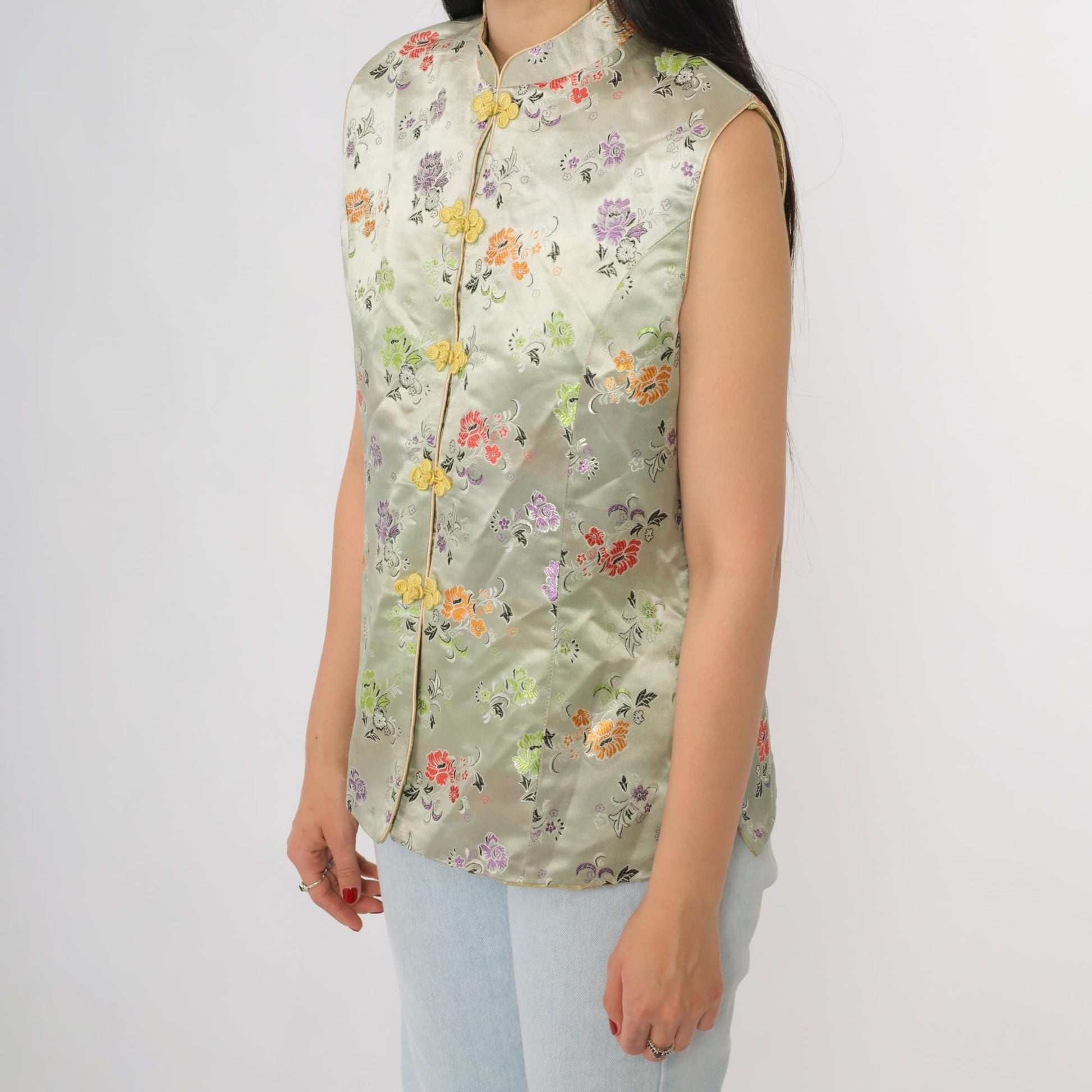 Y2K Sage Green Cheongsam Top Mandarin Collar Floral Embroidered Satin Small