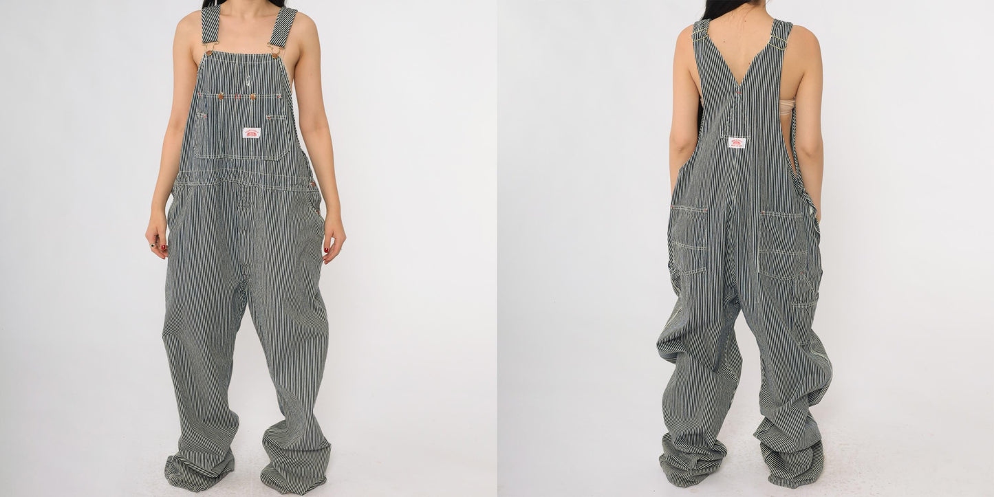 Y2K Roundhouse Railroad Stripe Denim Overalls Blue White Cotton XL