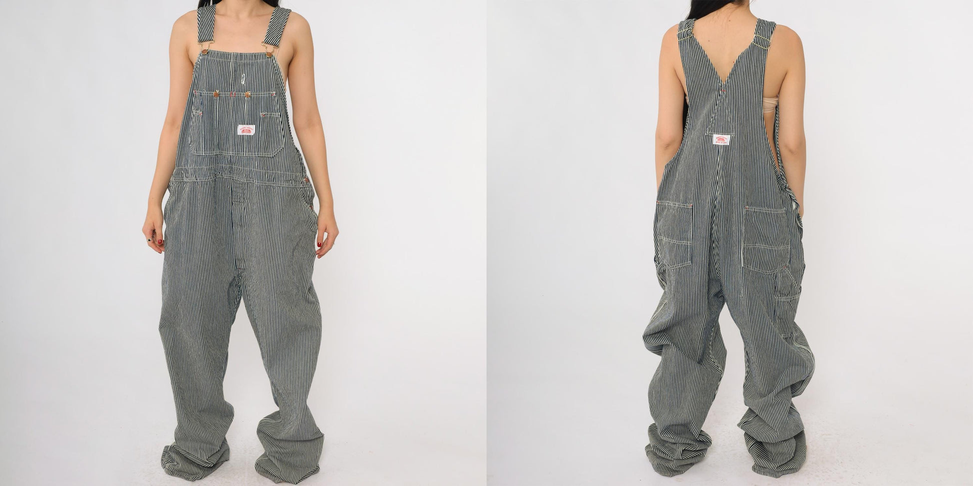 Y2K Roundhouse Railroad Stripe Denim Overalls Blue White Cotton XL