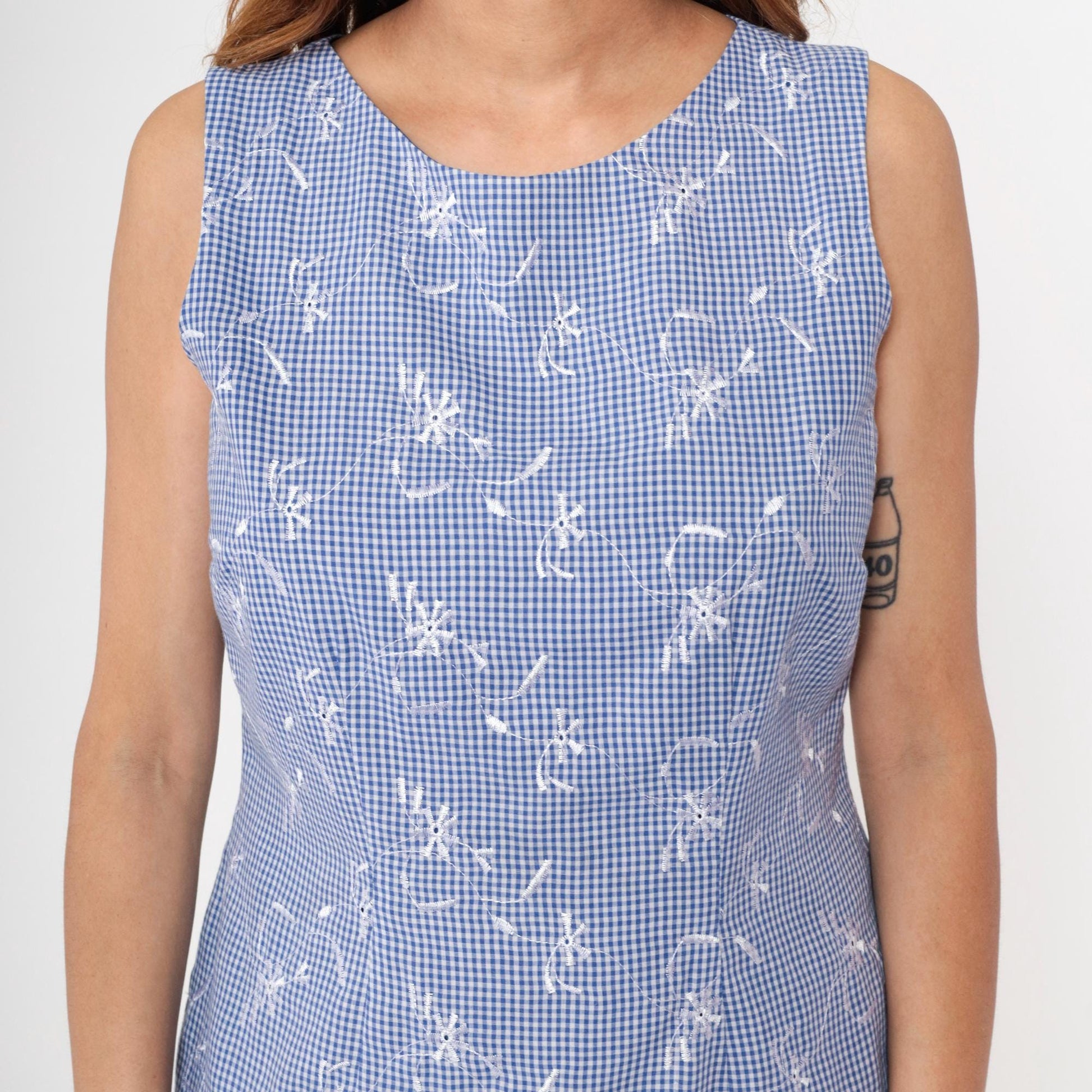 90s Blue Gingham Mini Dress Embroidered Floral Sleeveless Scoop Neck Medium M