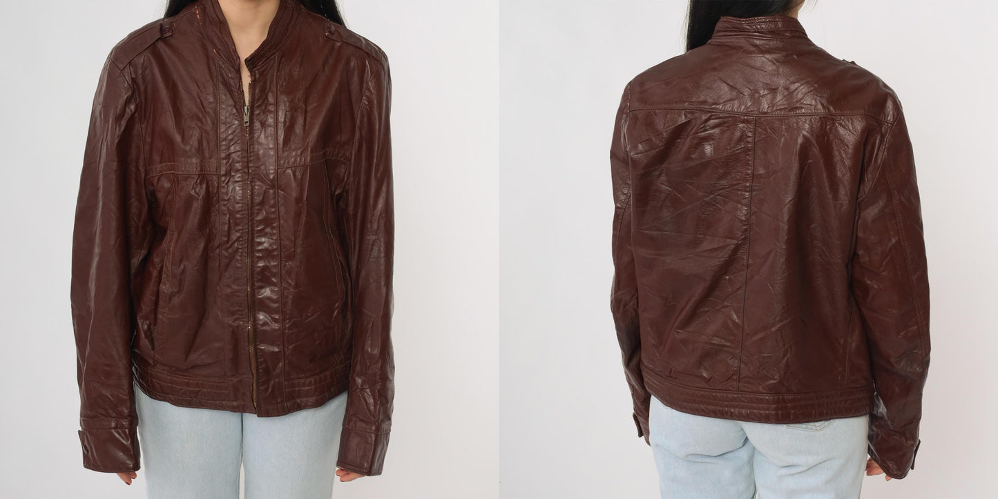 80s Brown Leather Bomber Jacket Epaulet Shoulders Zip Front Women's Medium