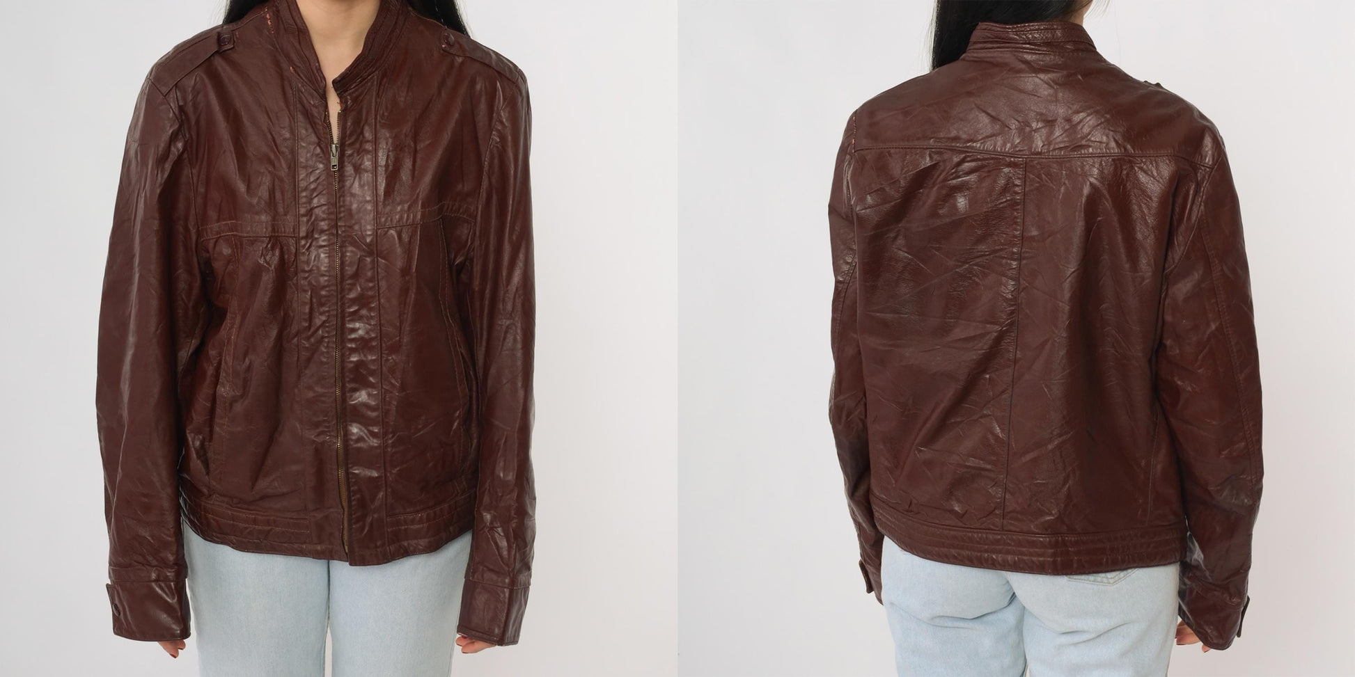 80s Brown Leather Bomber Jacket Epaulet Shoulders Zip Front Women's Medium
