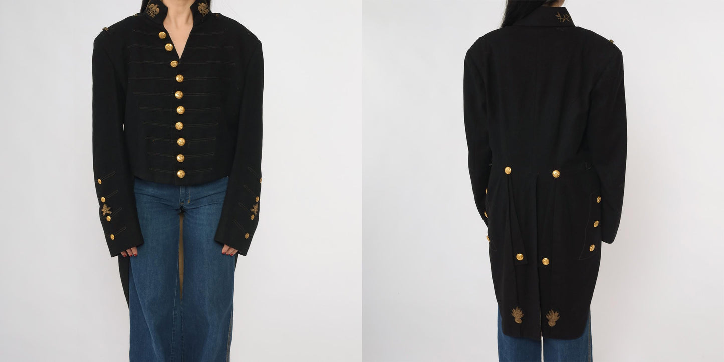 60s Black Wool Military Jacket Gold Buttons Embroidered Officer Coat Medium Large