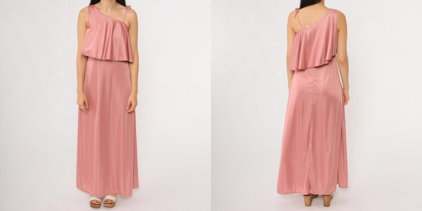 70s Zum Zum Dusty Rose Maxi Dress Ruffle Tie Shoulder Sleeveless Extra Small