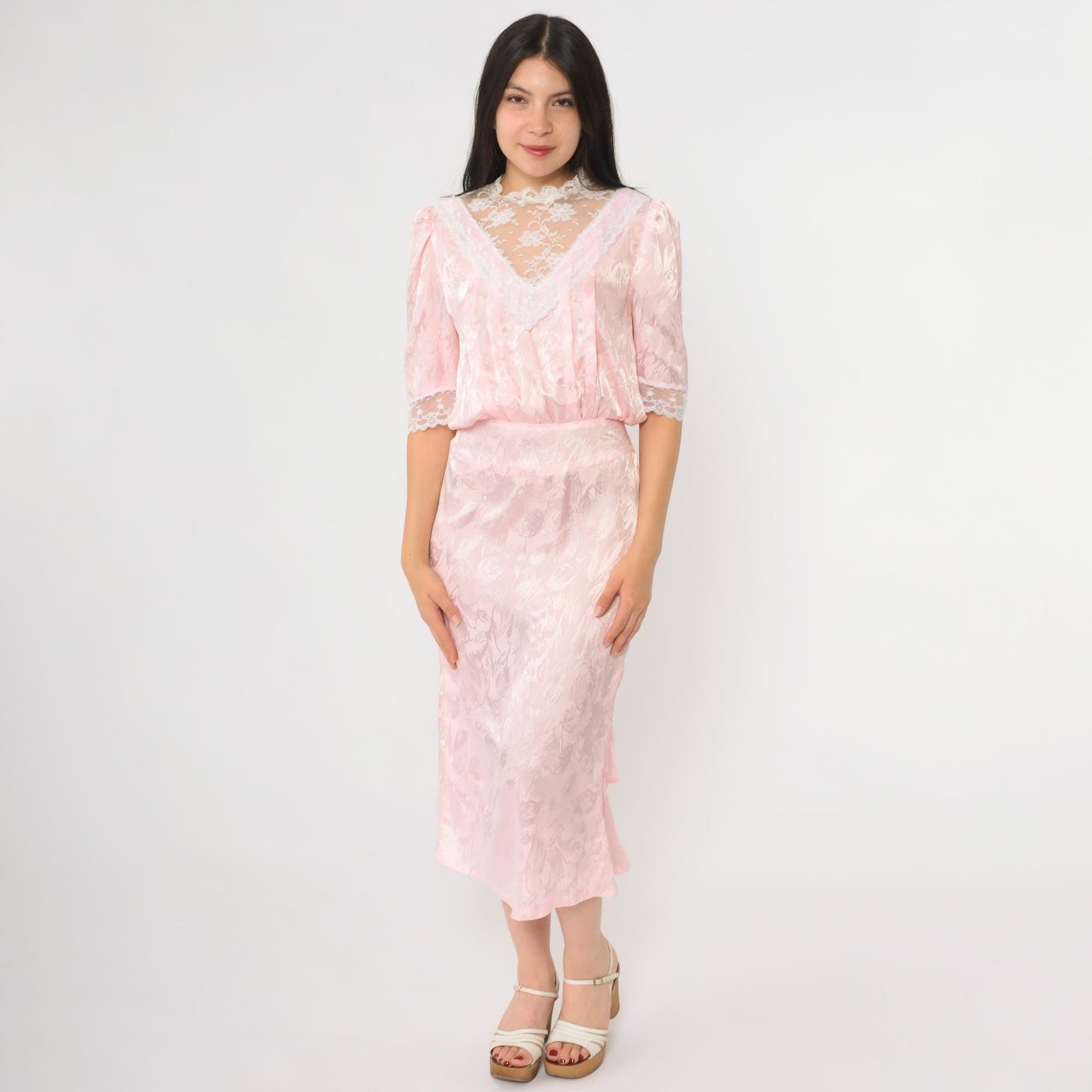 80s Pink Lace Midi Dress Puff Sleeve V-Neck Tiered Ruffle Extra Small XS