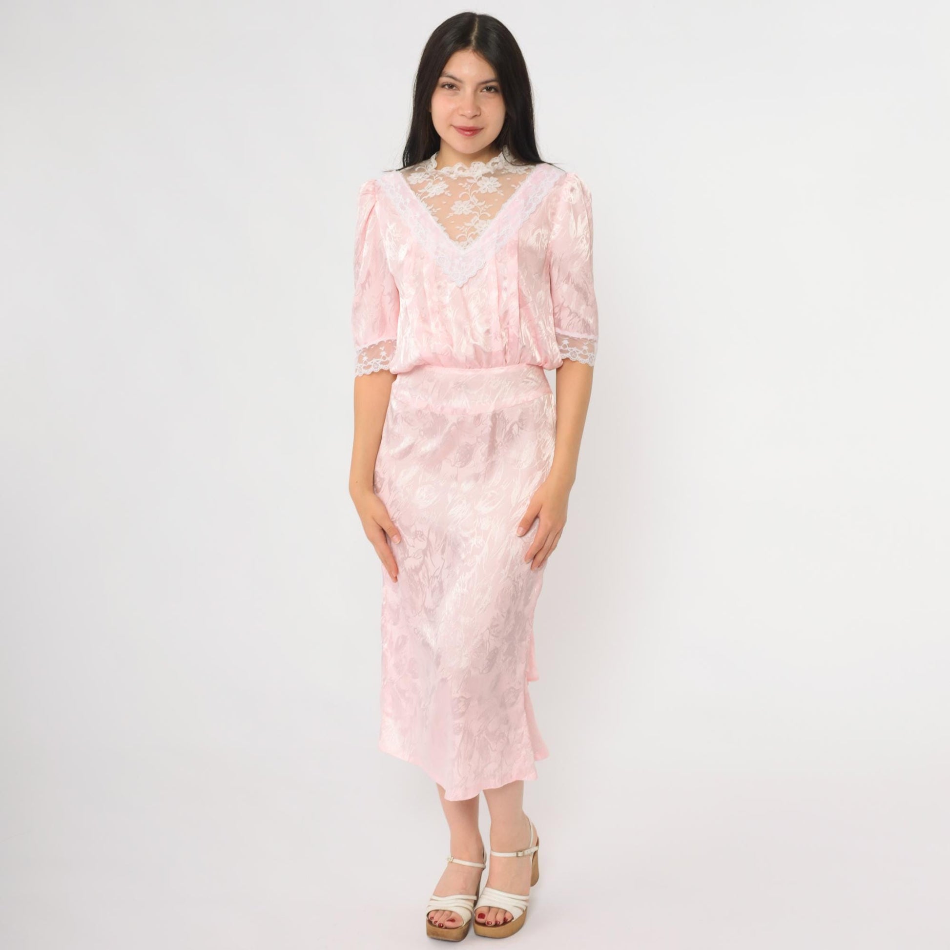 80s Pink Lace Midi Dress Puff Sleeve V-Neck Tiered Ruffle Extra Small XS