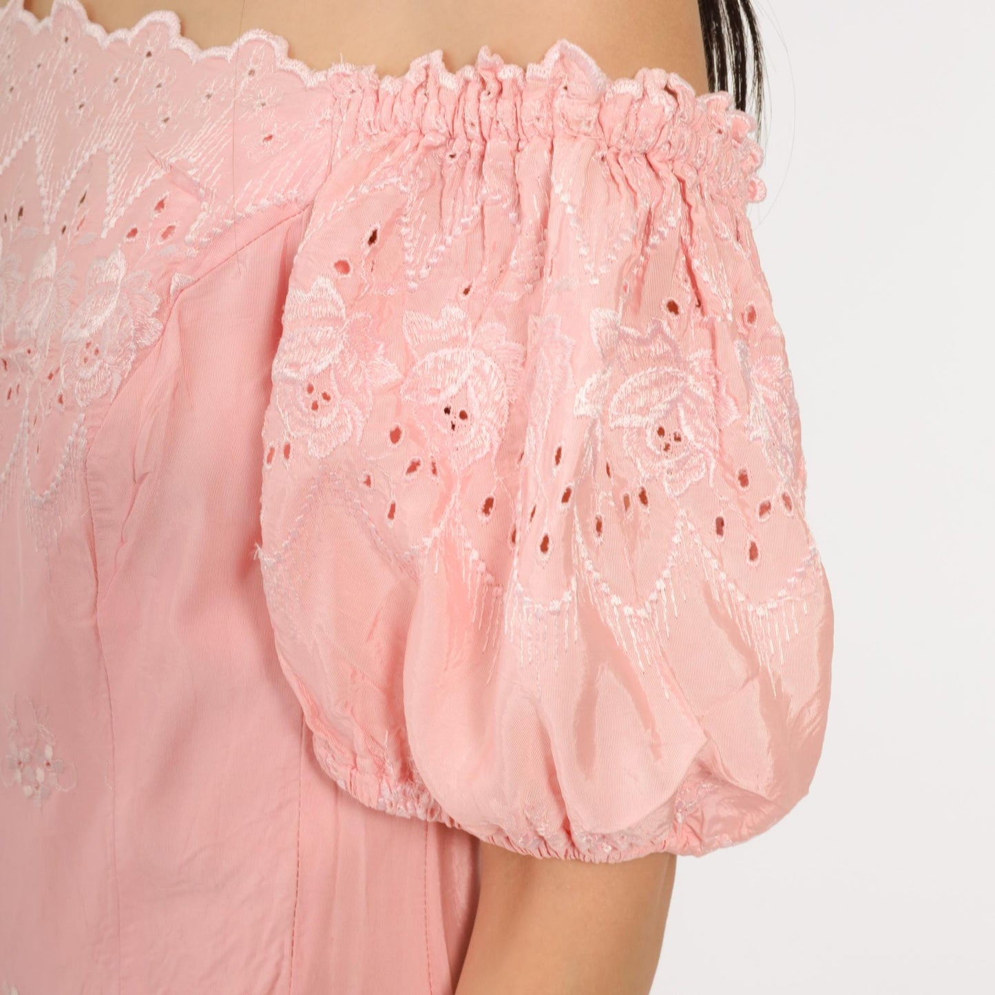 80s Pink Eyelet Midi Dress Off-Shoulder Puff Sleeve Tiered Ruffle Small