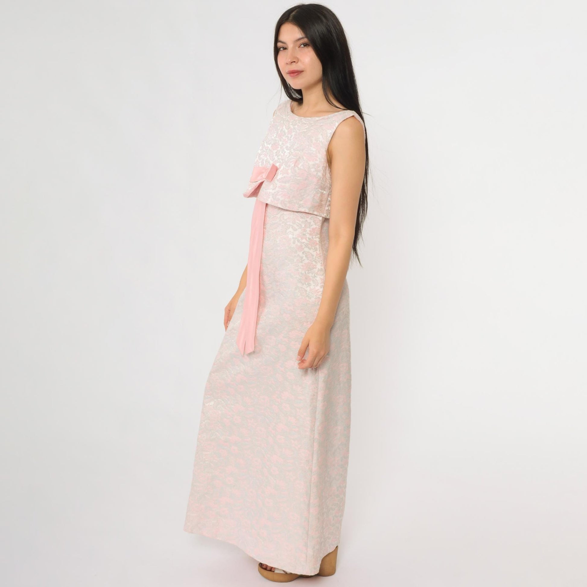 60s Pink Floral Maxi Dress Empire Waist Bow Tie Sleeveless Small