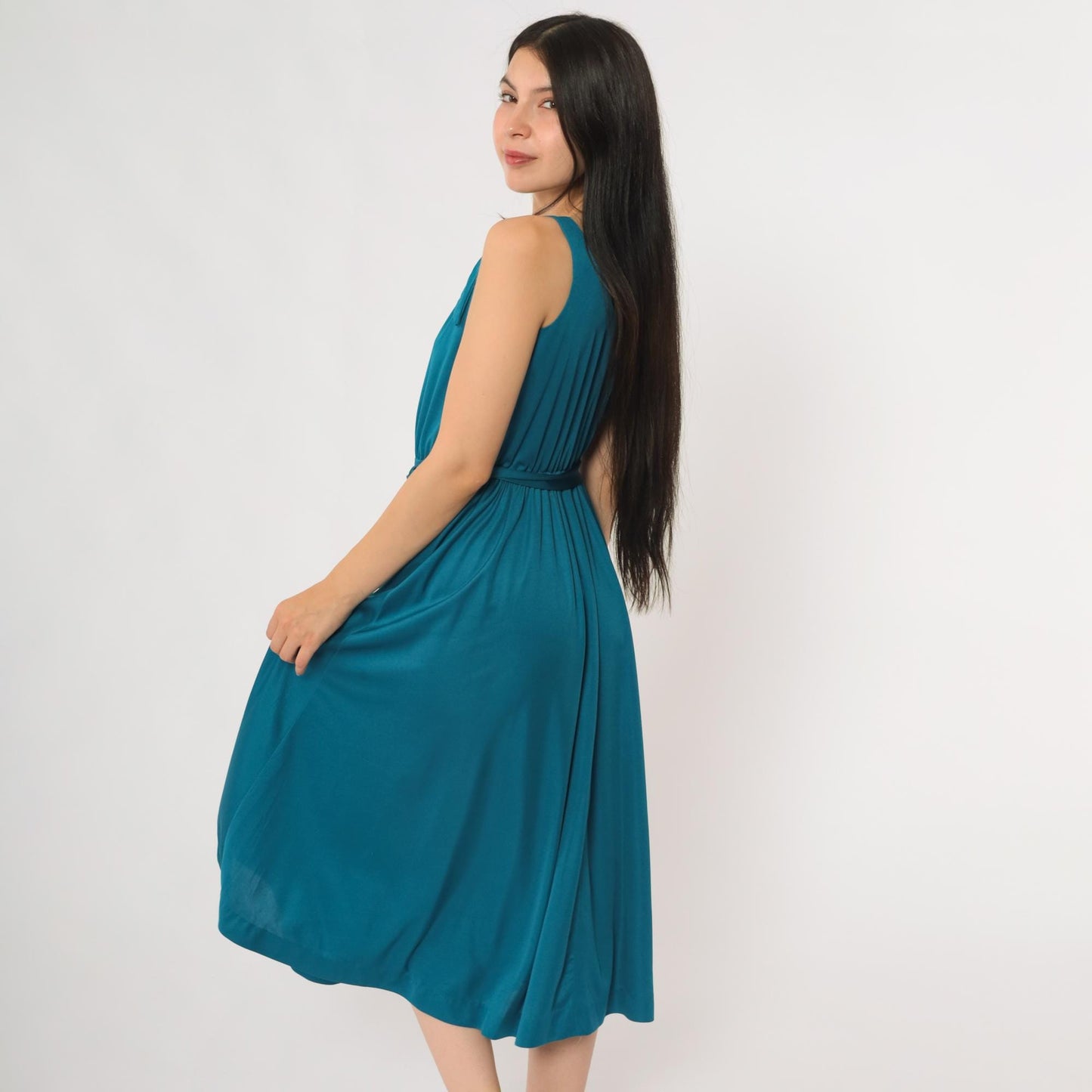 70s Lanz Teal Midi Dress Sleeveless A-Line Belted Small