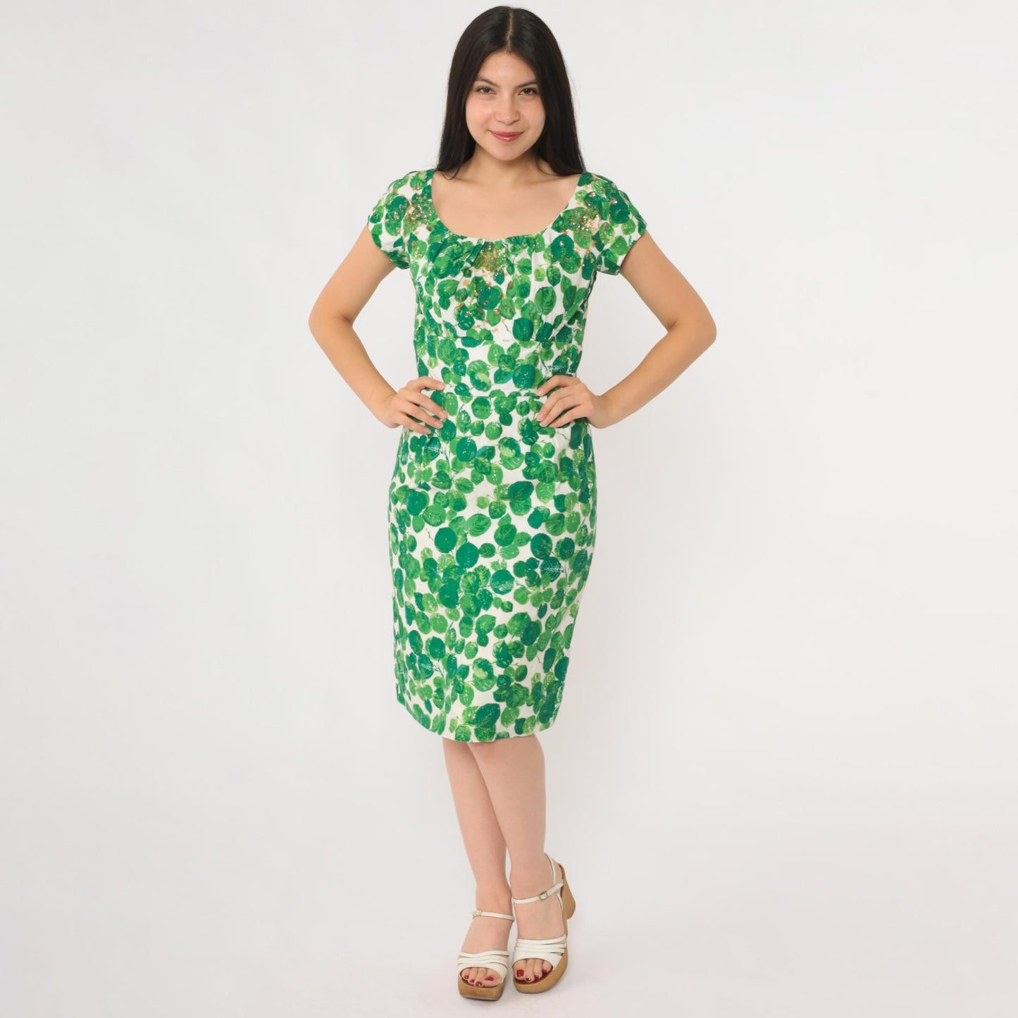 60s Green Leaf Sequin Cocktail Dress Cap Sleeve Knee Length Small