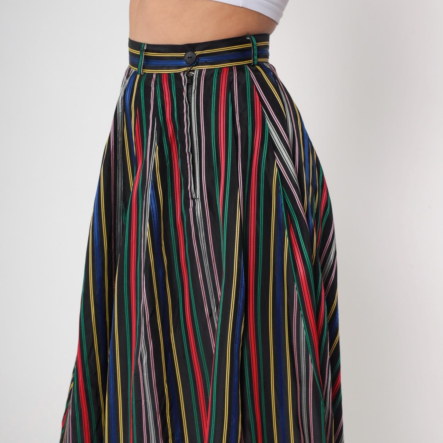 1950s Circle Skirt High Waist Tea Length Striped Rainbow Black Small