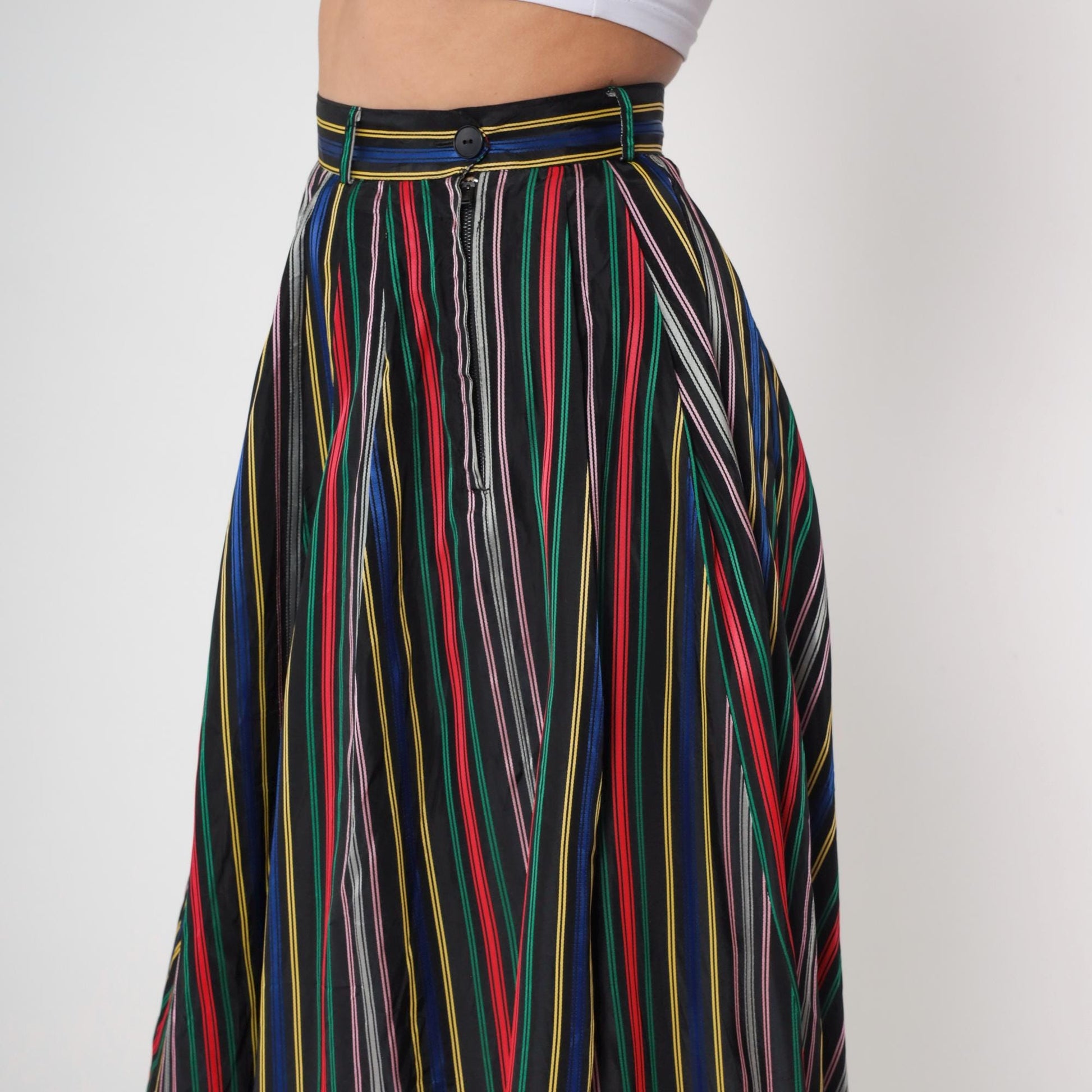 1950s Circle Skirt High Waist Tea Length Striped Rainbow Black Small