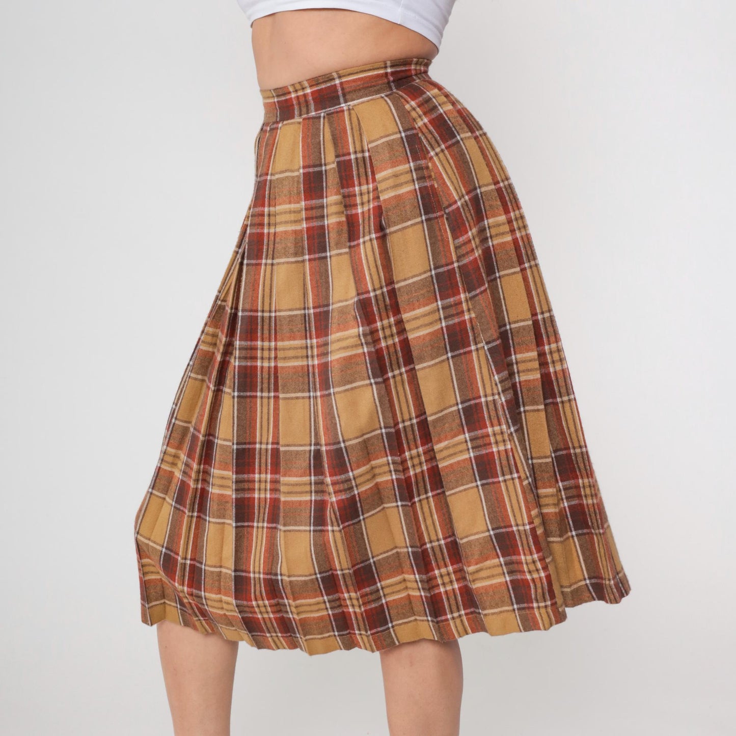 70s Plaid Wool Blend Midi Skirt High Waisted Tartan Brown Tan Small S