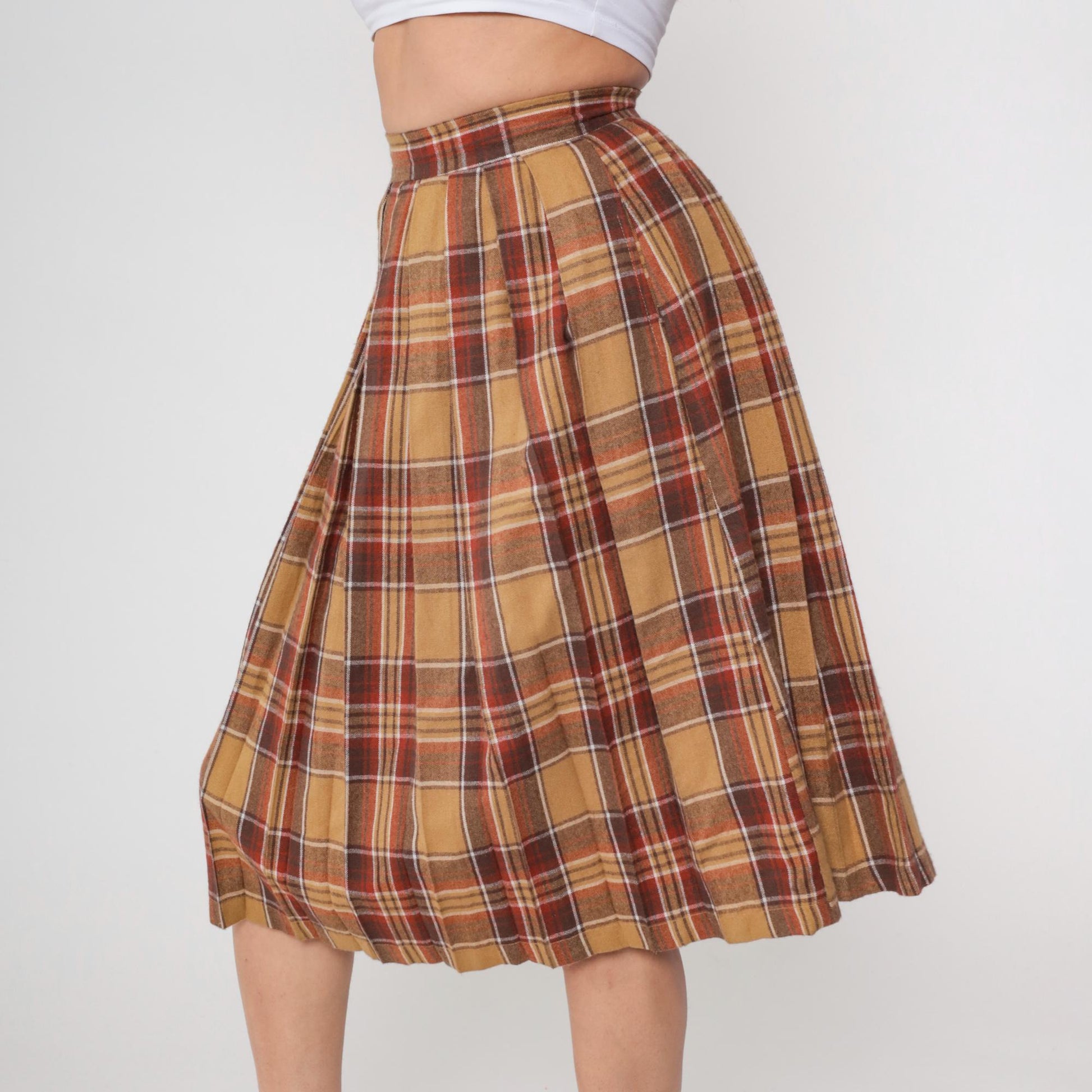 70s Plaid Wool Blend Midi Skirt High Waisted Tartan Brown Tan Small S