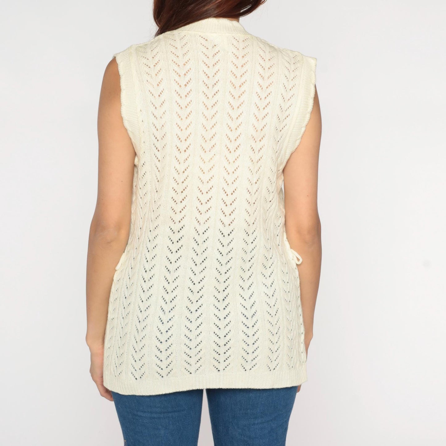 70s St Michael Cream Crochet Knit Vest Open Front Sleeveless Small