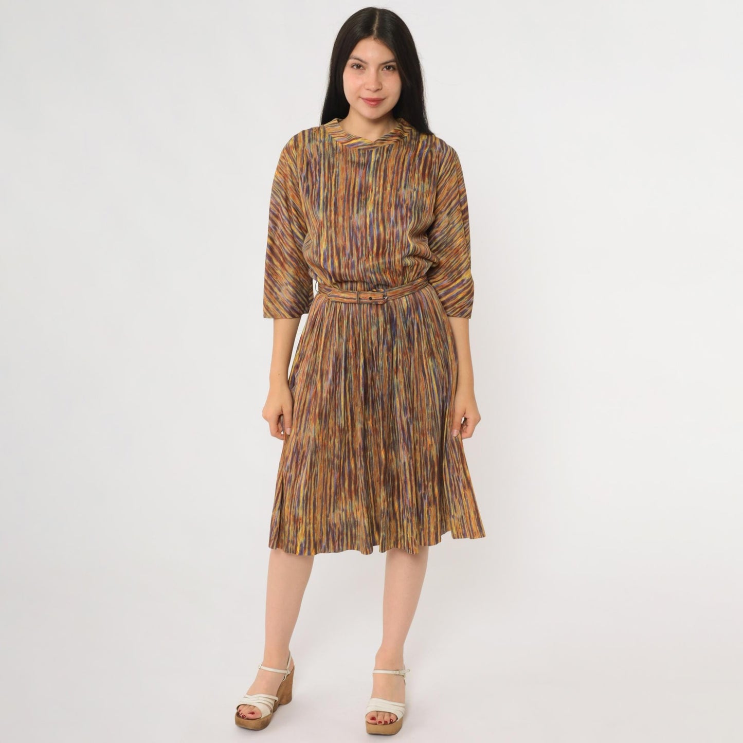 60s Nelly Don Abstract Stripe Midi Dress Rainbow V-Neck A-Line Medium