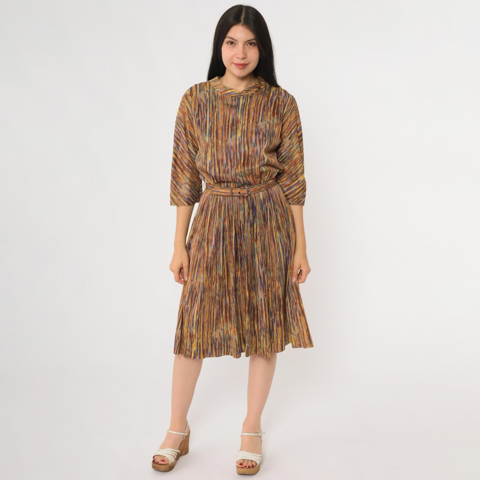60s Nelly Don Abstract Stripe Midi Dress Rainbow V-Neck A-Line Medium