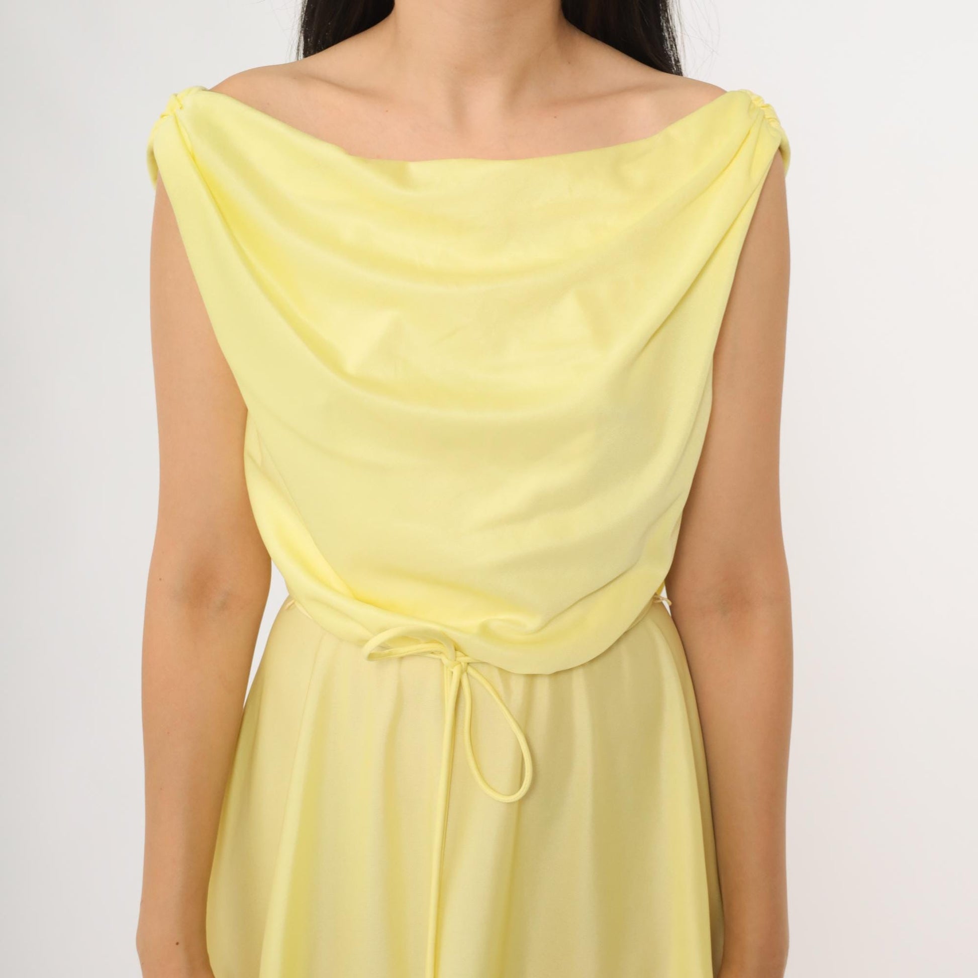 70s Yellow Maxi Dress Cowl Neck Sleeveless Waist Tie Small