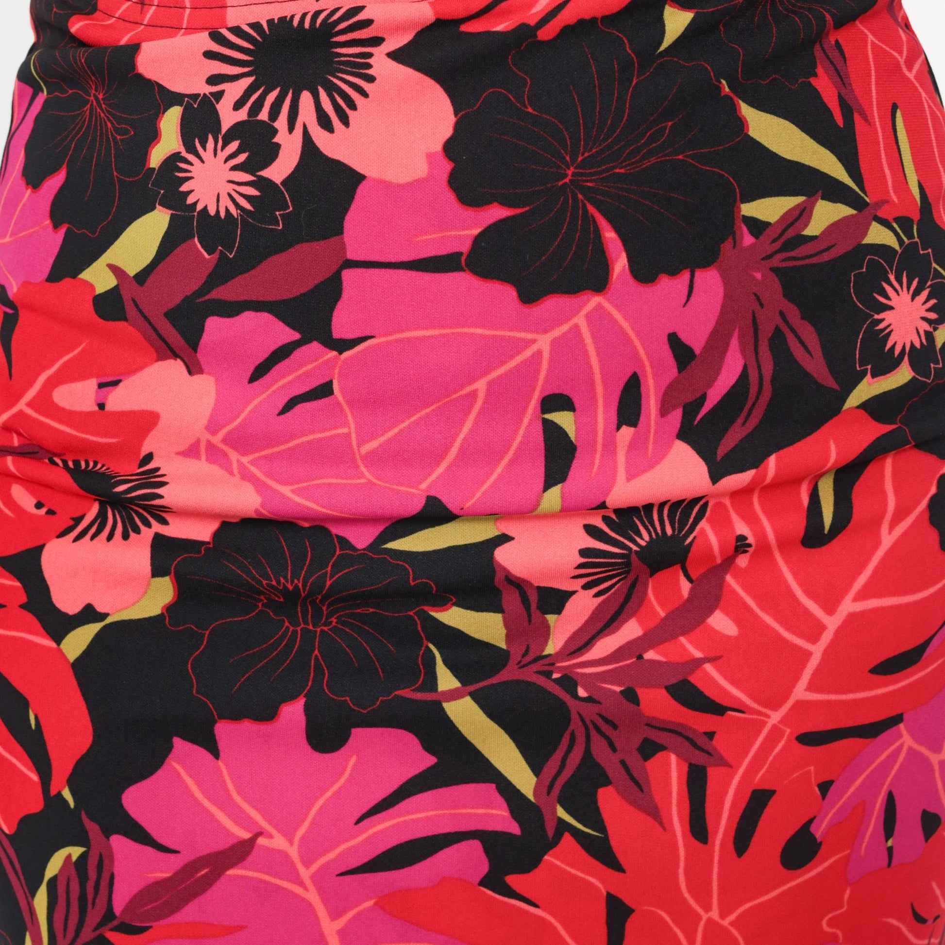 Y2K Heart and Soul Tropical Print Midi Pencil Skirt Pink Black Red Small