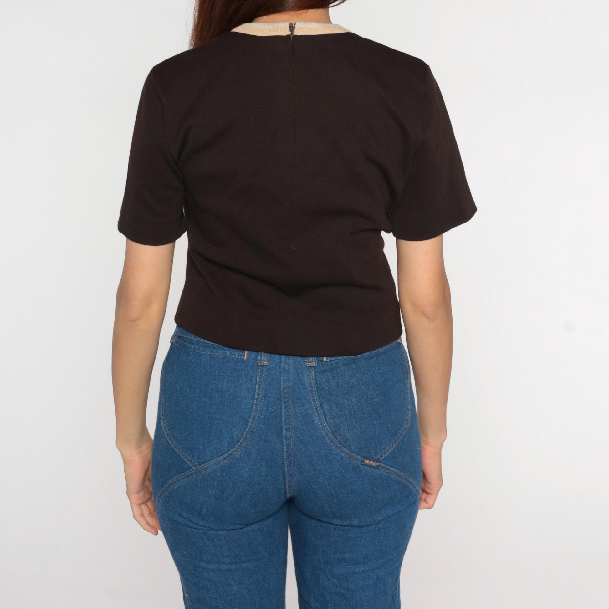 70s Cream Ringer Tee Brown Trim Cropped Fitted Short Sleeve Medium