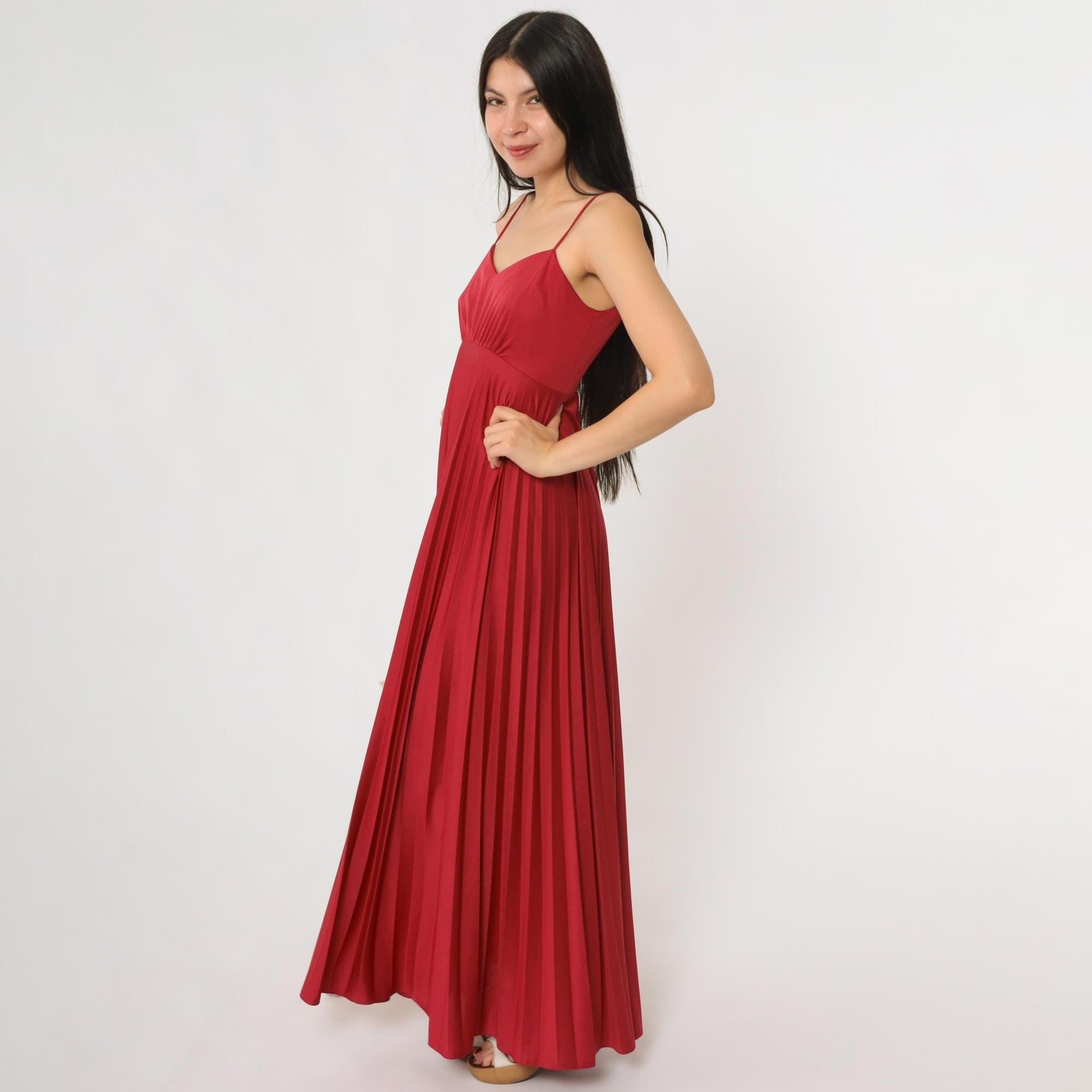 70s Red Pleated Maxi Dress Spaghetti Strap Empire Waist Extra Small
