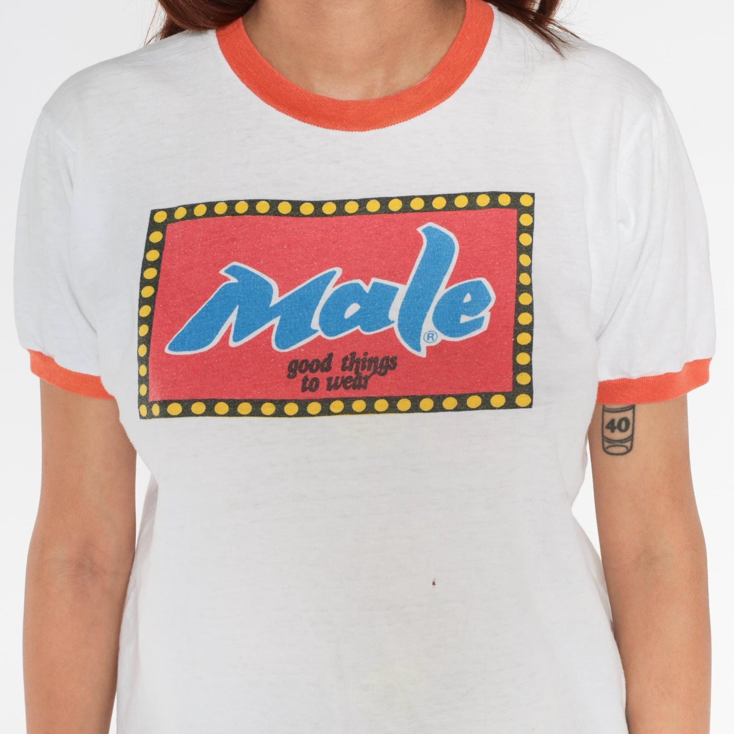 70s Male Jeans Ringer T-Shirt White Orange Trim Pinup Graphic Medium