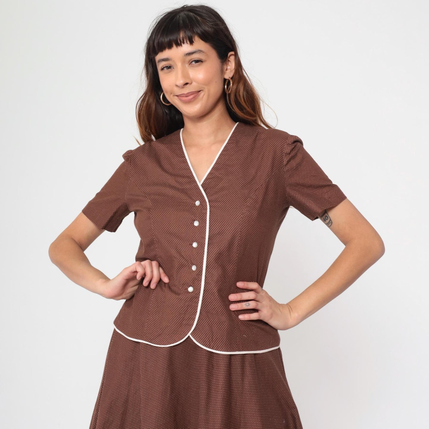 70s Brown Swiss Dot Two Piece Set Short Sleeve Blouse Pleated Mini Skirt Medium