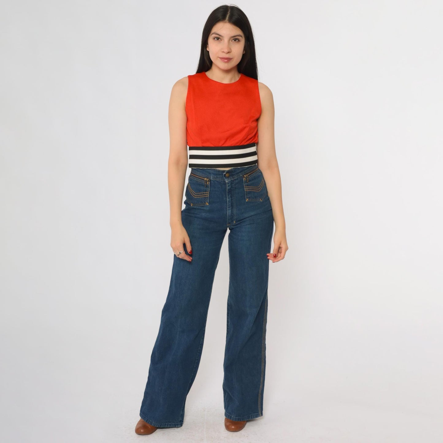 70s Red Orange Tank Top Striped Waistband Cropped Sleeveless Extra Small 2XS
