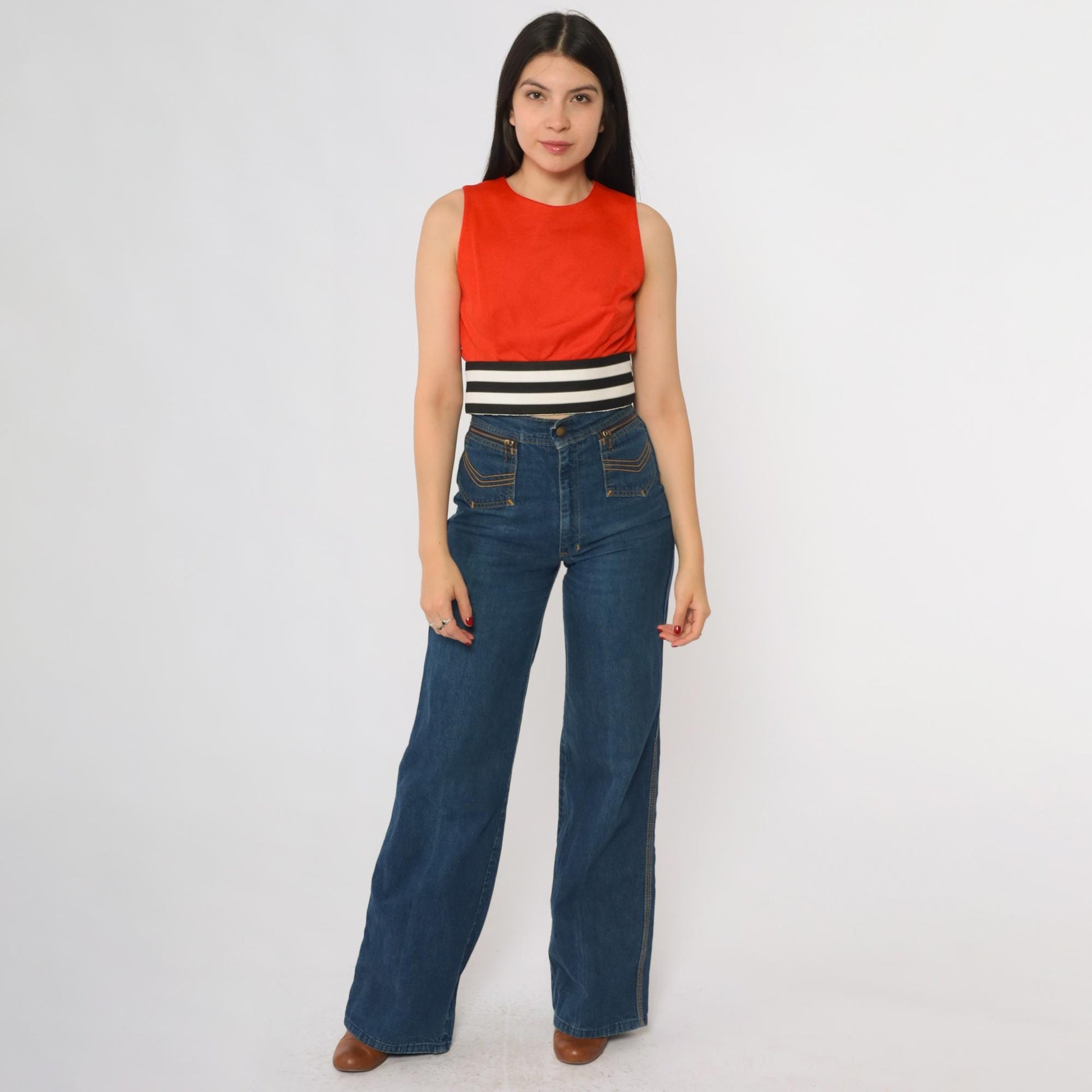 70s Red Orange Tank Top Striped Waistband Cropped Sleeveless Extra Small 2XS