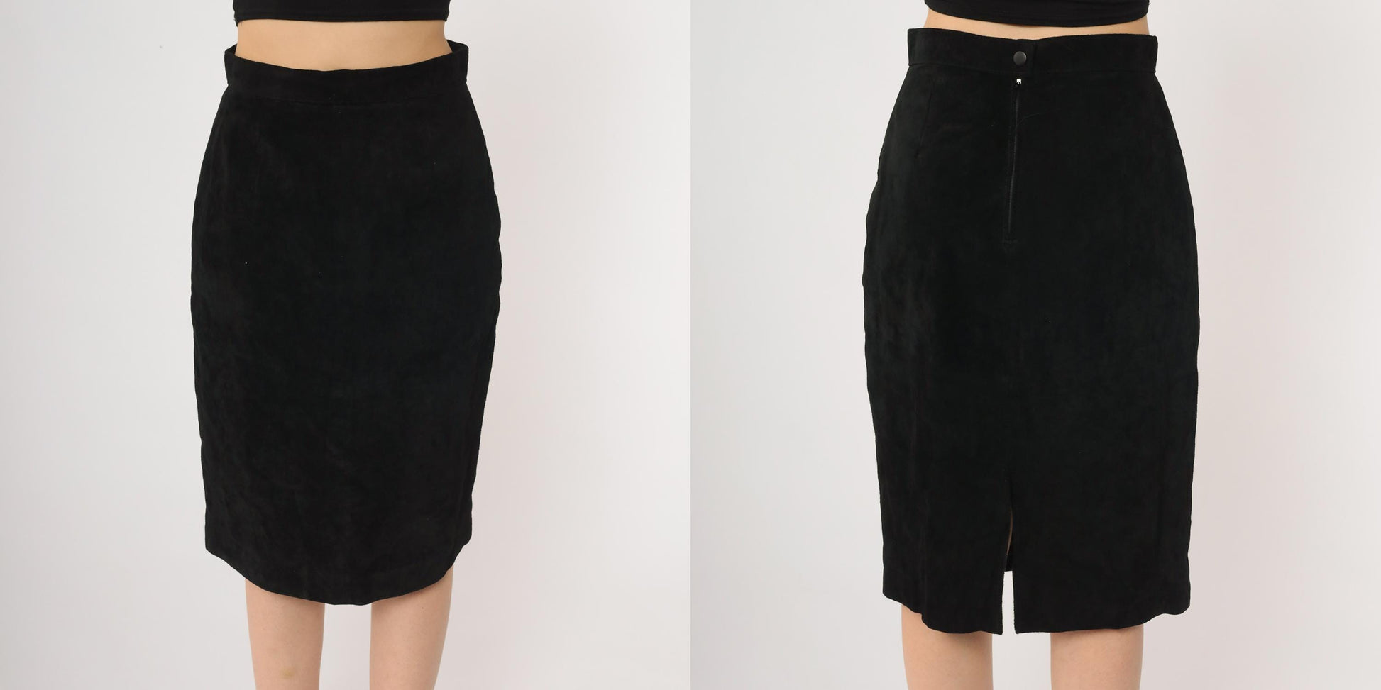 90s Evan Davies Black Suede Midi Skirt High Waisted Side Zip Medium