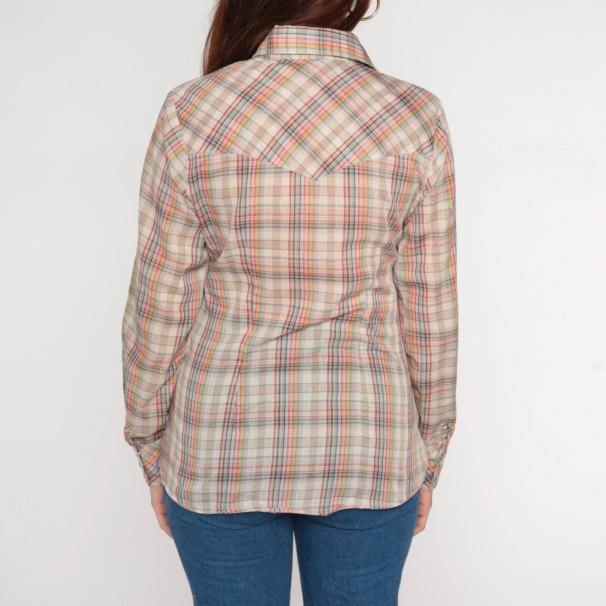 70s Western Pearl Snap Shirt Metallic Plaid Tan Red Green Navy Small