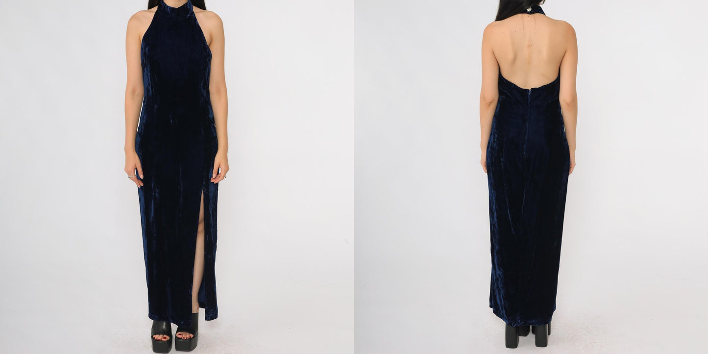 90s Navy Velvet Halter Maxi Dress Susan Roselli Open Back Small