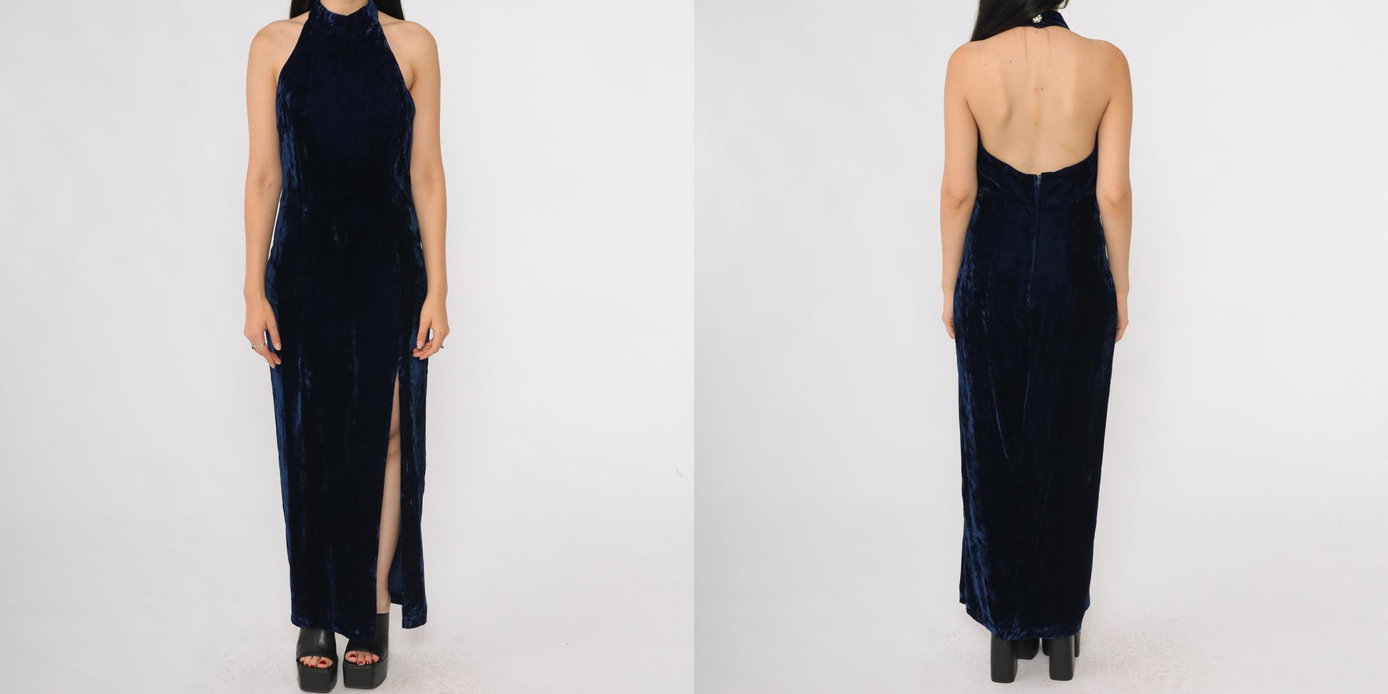 90s Navy Velvet Halter Maxi Dress Susan Roselli Open Back Small