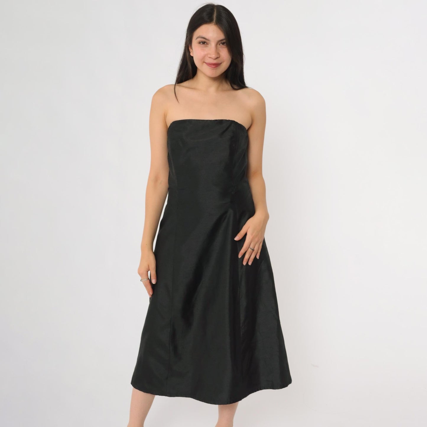 90s ABS Evening Black Strapless Cocktail Dress Midi Small S