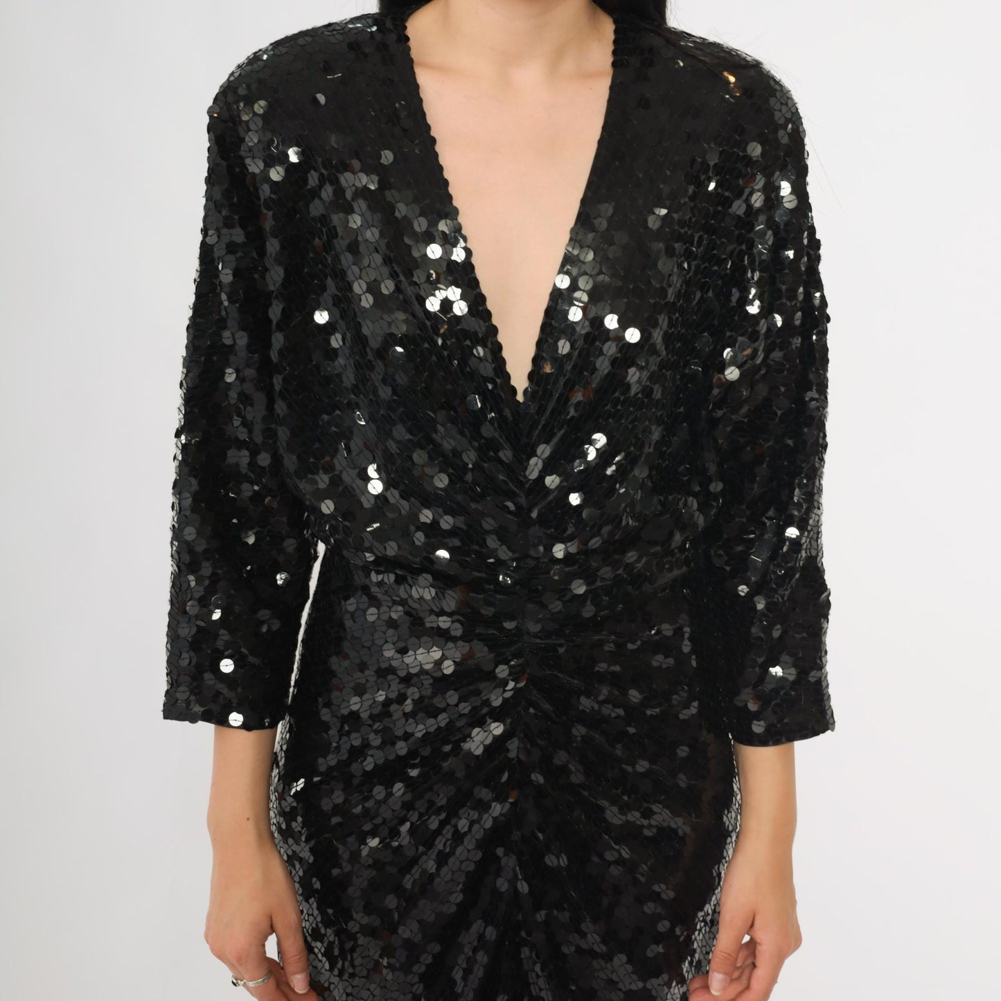 80s Oleg Cassini Black Sequin Evening Gown Plunge V Long Sleeve Open Back Medium