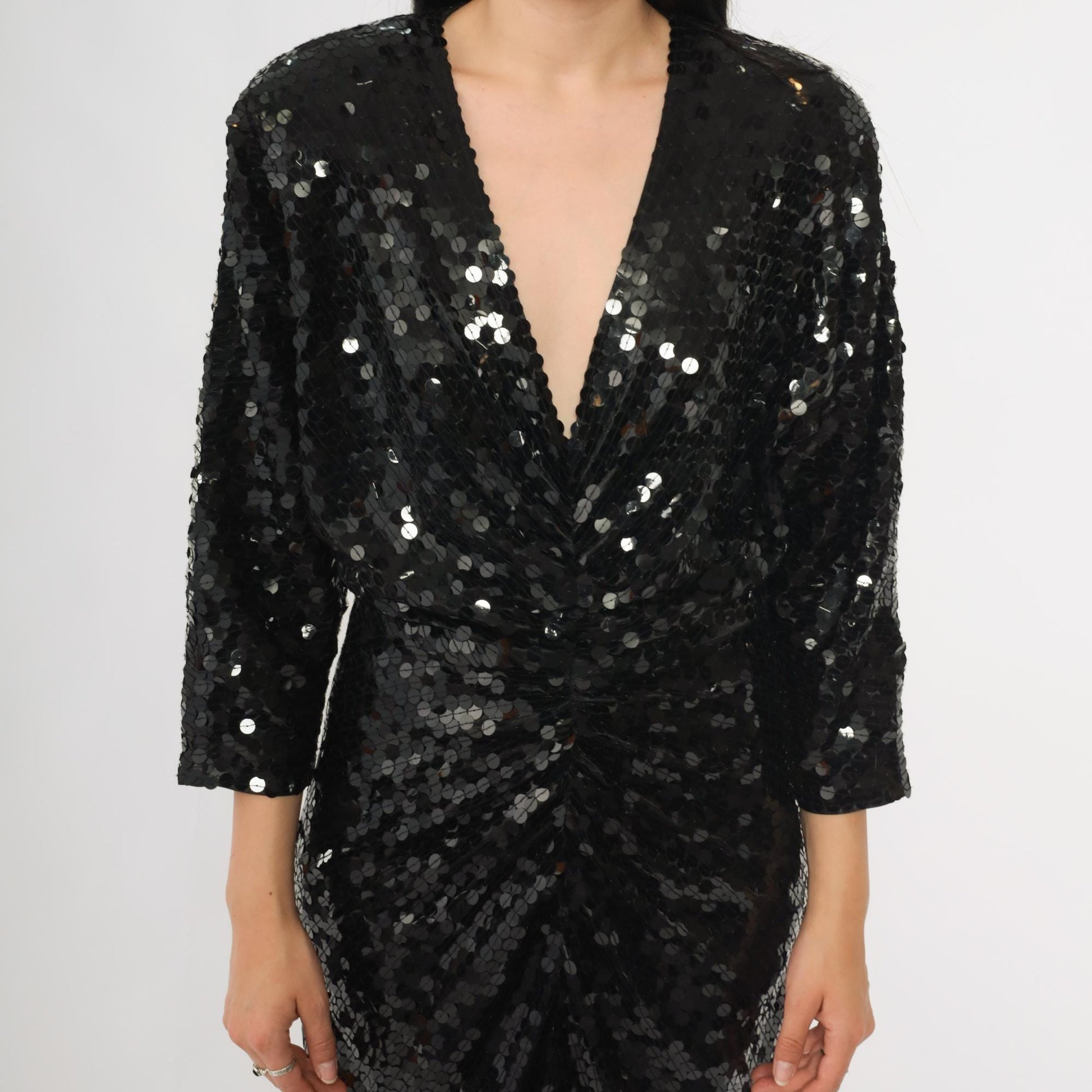 80s Oleg Cassini Black Sequin Evening Gown Plunge V Long Sleeve Open Back Medium