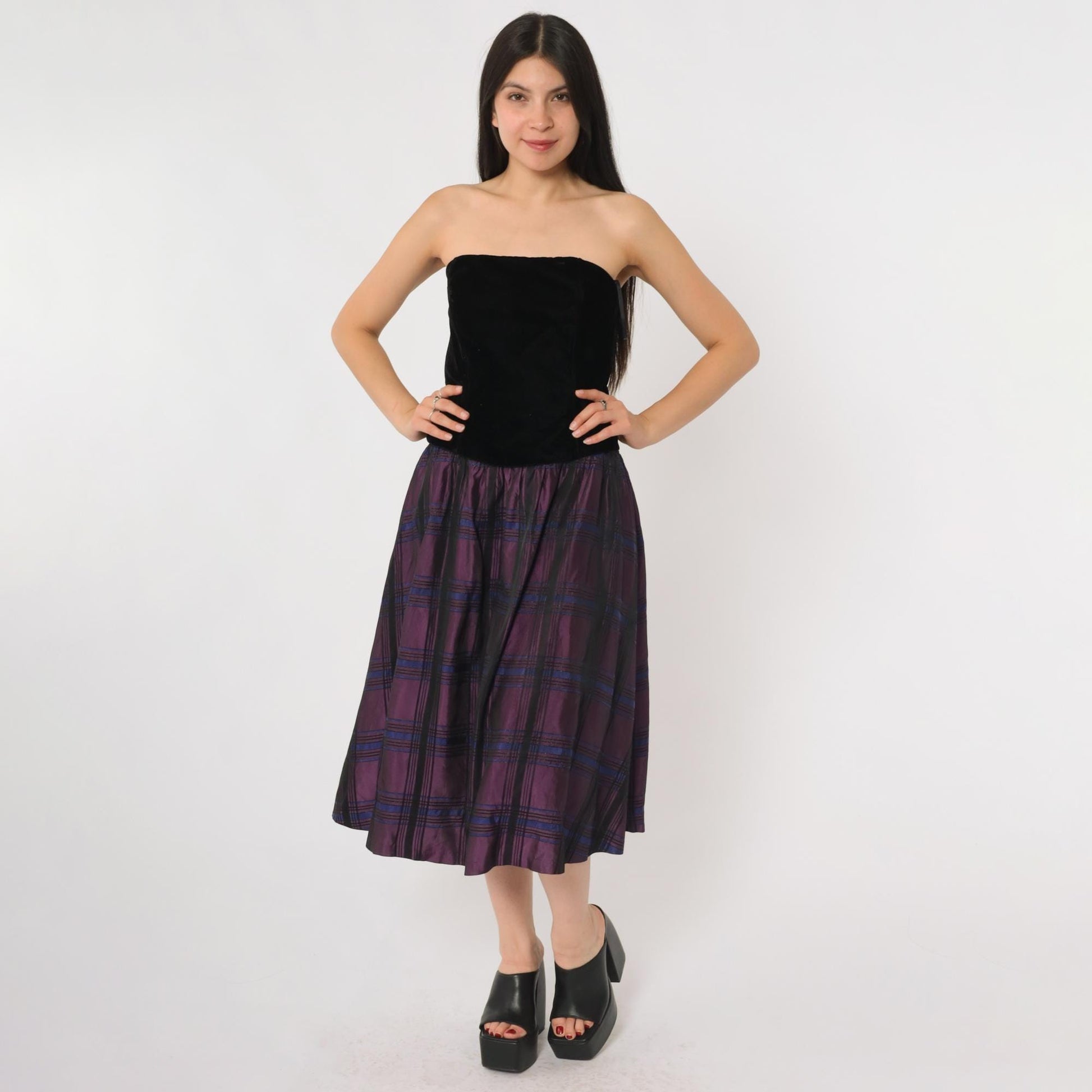 90s Scott McClintock Strapless Velvet Bodice Party Dress Purple Plaid Small