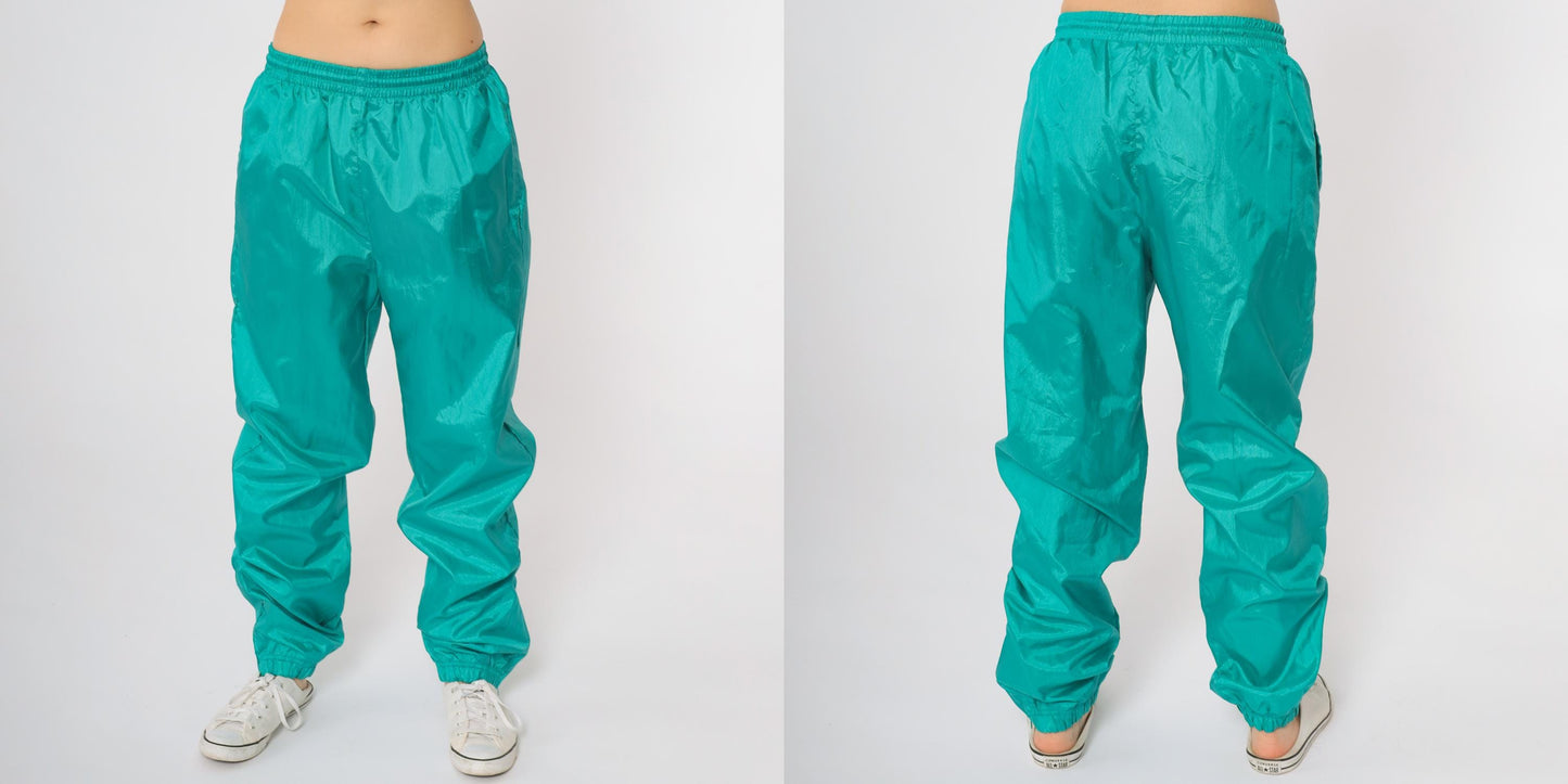 80s Teal Green Windbreaker Track Pants Elastic Waist Cuffed Small